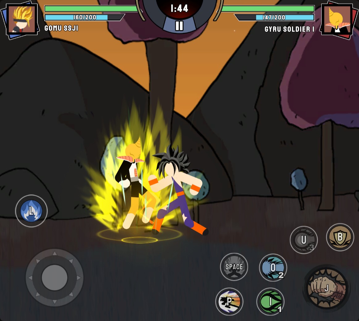 Two fighters face each other in a rocky arena, with the player's green health bar full.