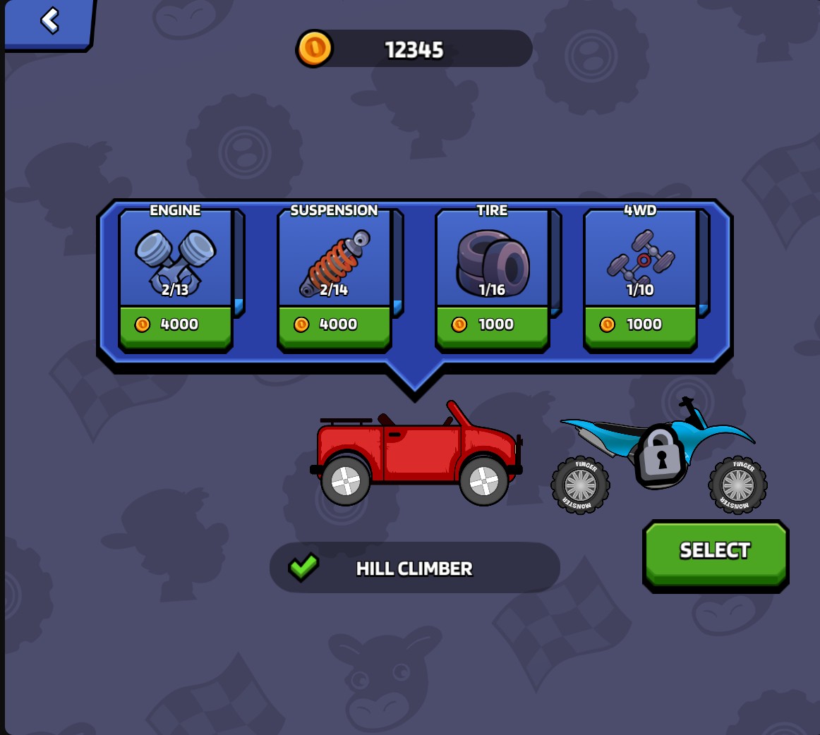 Hill Climber garage showing suspension level 2 of 14.