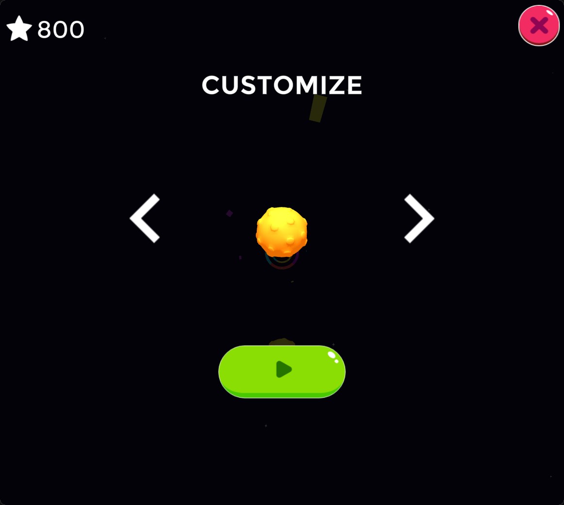 Color Burst 3D Customize screen showing a purchased spiked ball, a Play button and 800 stars remaining.