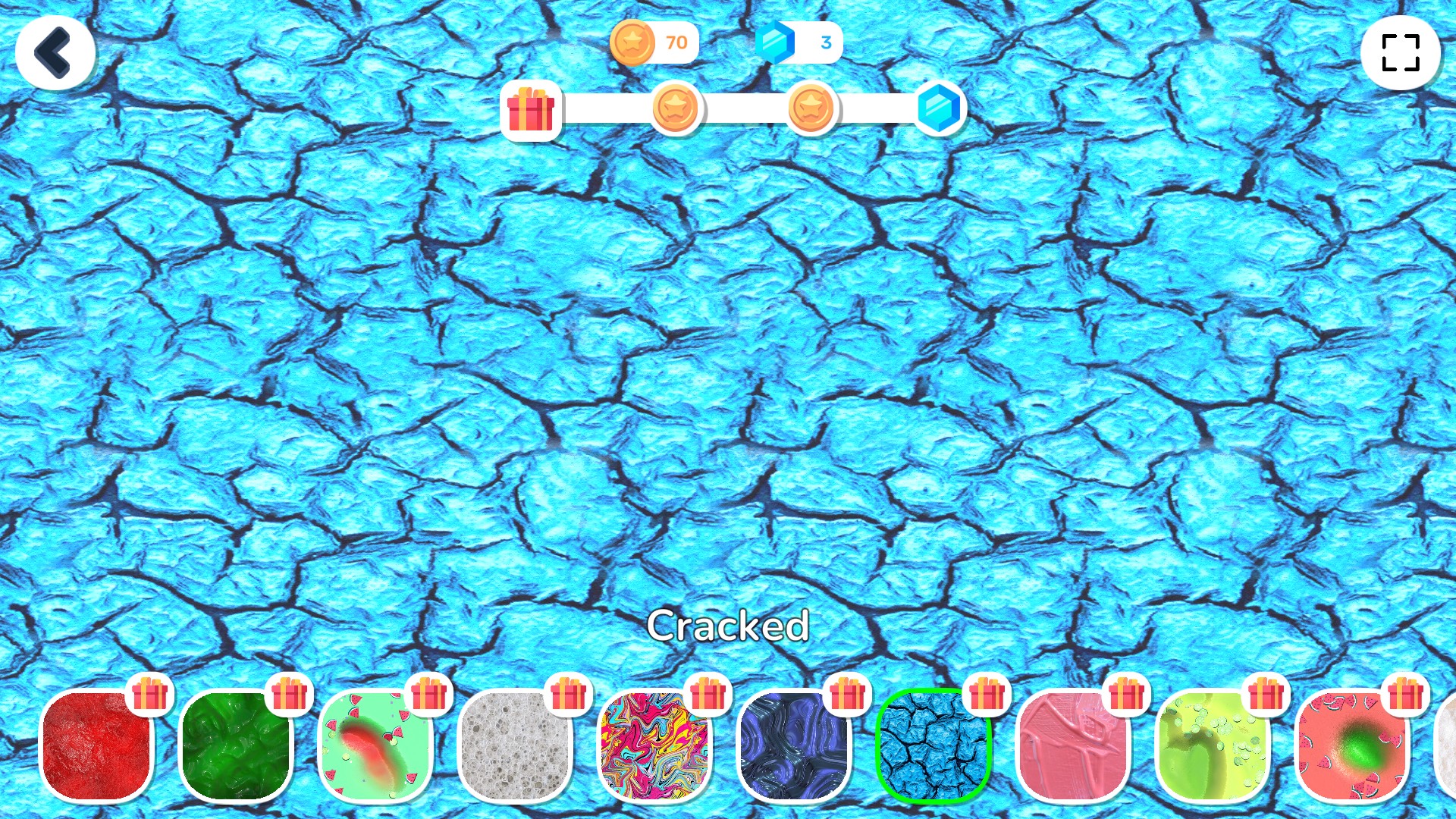 The blue Cracked slime surface in Slime Simulator, with Cracked selected in the texture choices below.