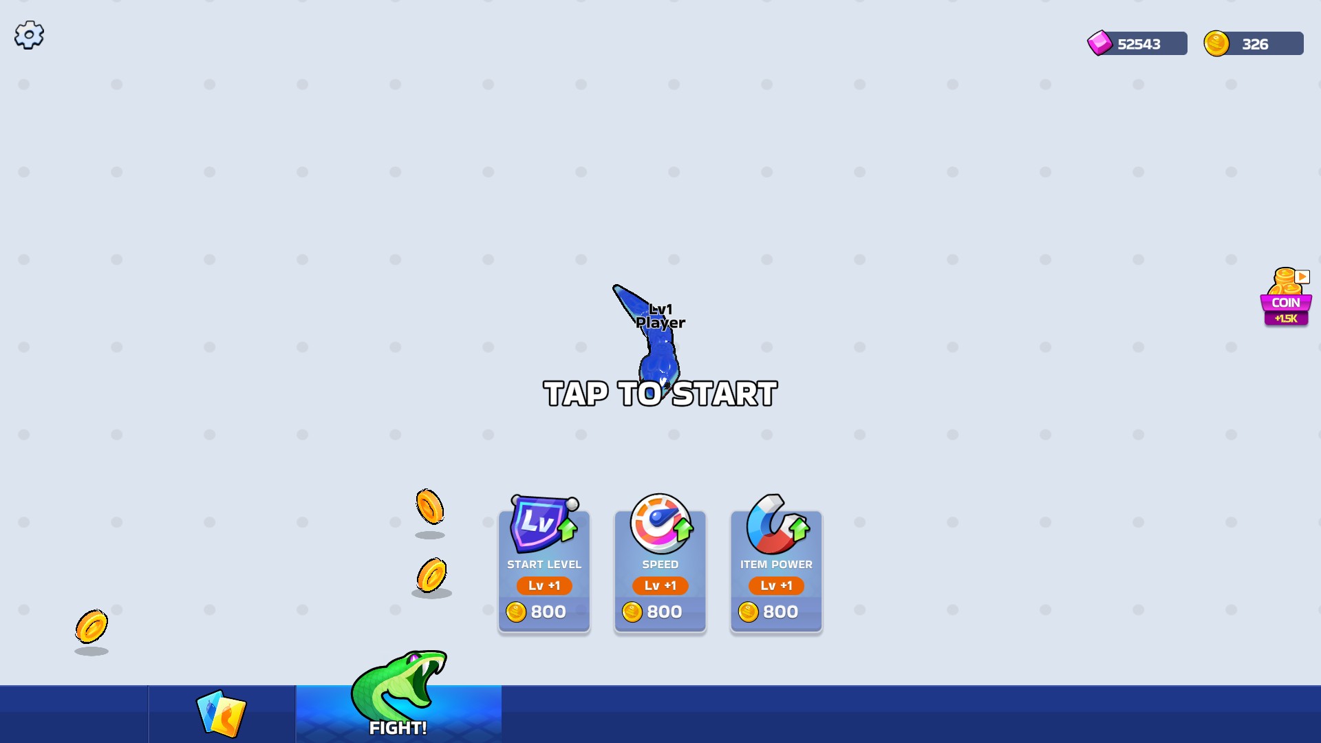 Snake Clash! with 52,543 gems visible in the purple counter at the top right.