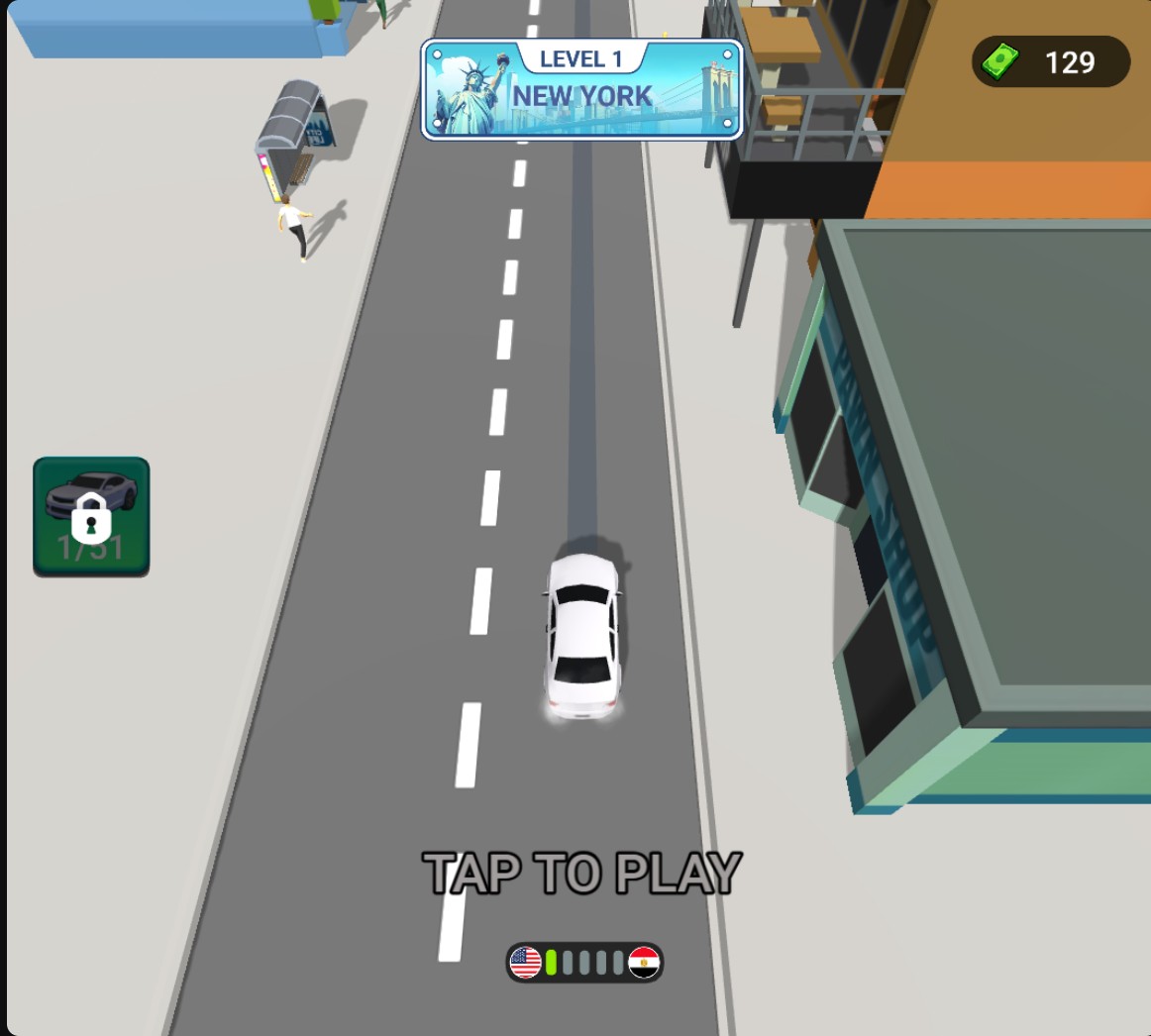 Pick Me Up 3D Level 1 in New York, with a white taxi at the start and 129 cash.