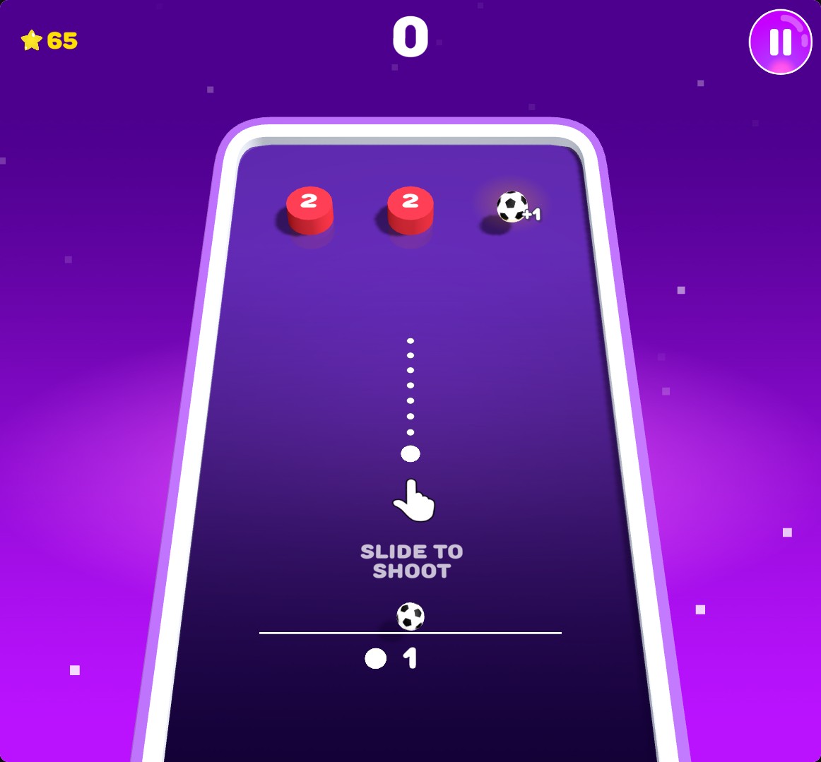 99 Balls 3D board with a football skin on the launch ball and 65 Stars displayed in the top-left corner.