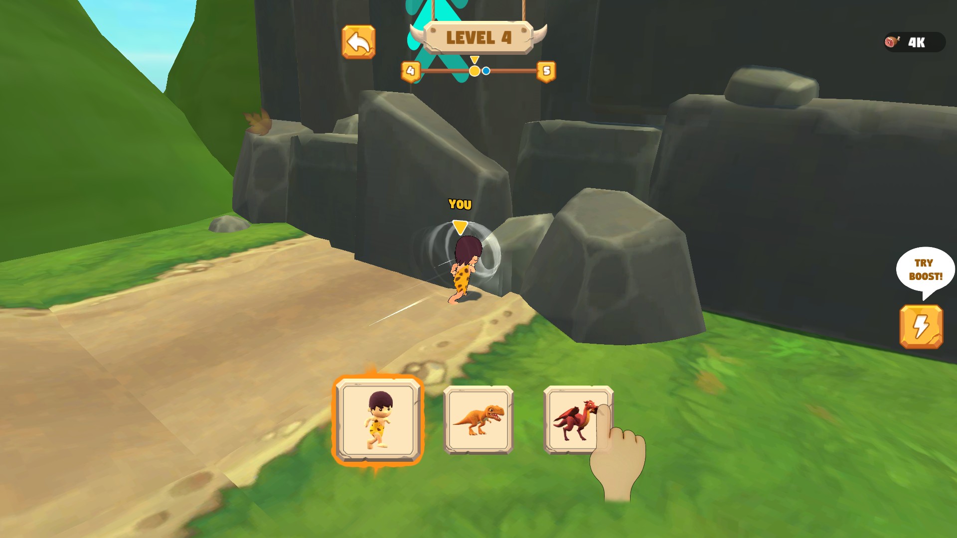 Wind trails surround the player during a Dinosaur Shifting Run race.