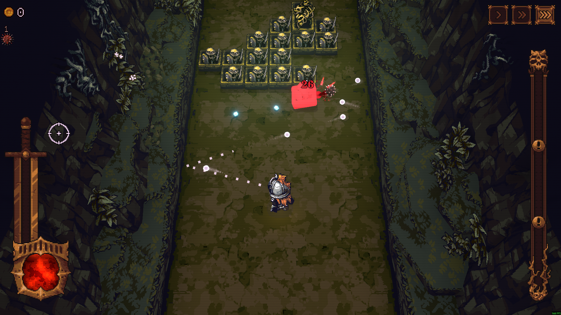 BALL x PIT Demo combat with the player firing toward approaching enemies and a full red health orb.