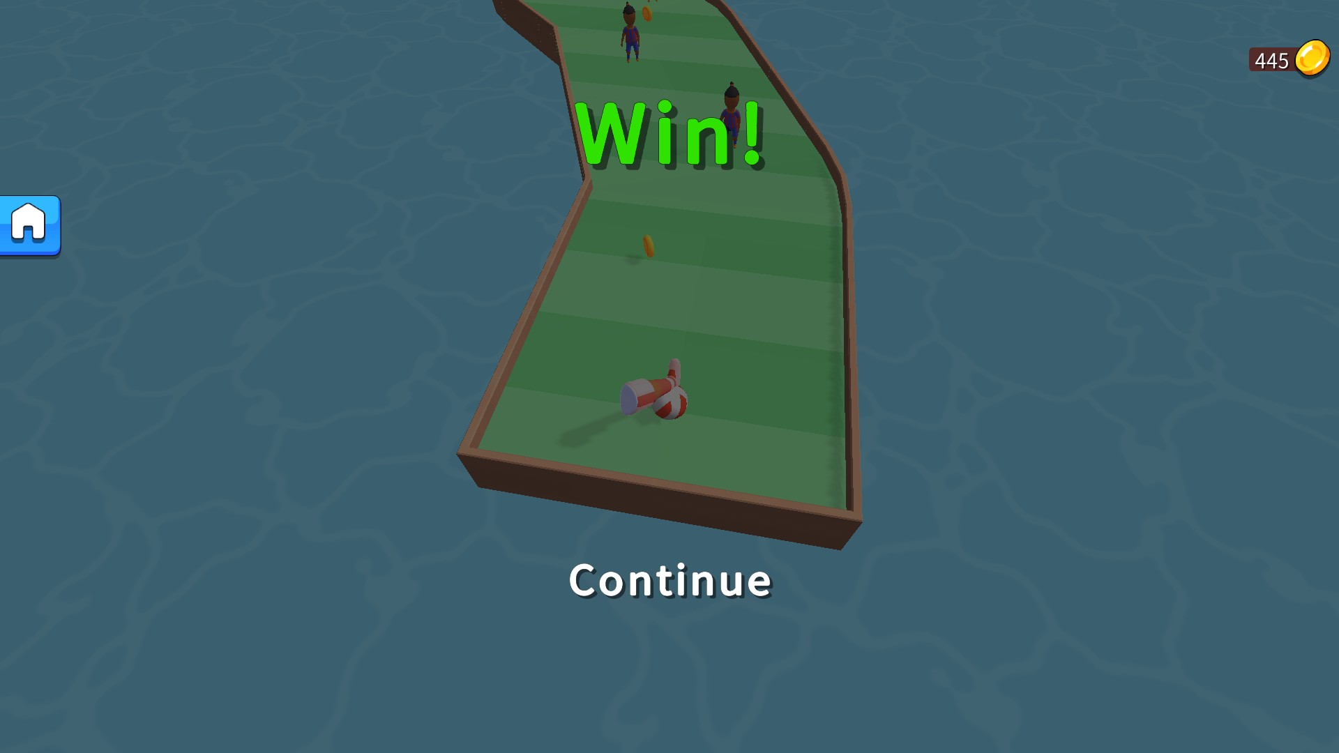 Soccer Dash shows Win and Continue after finishing a solo course, with445coins unchanged.