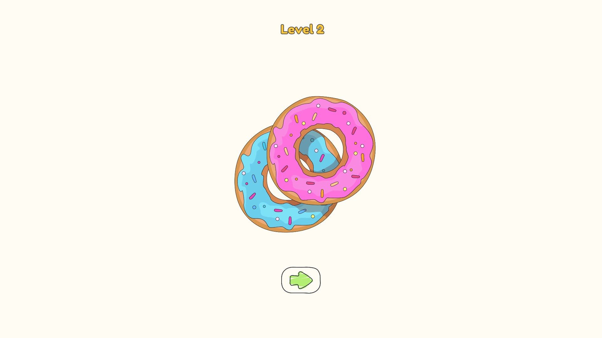 A completed doughnut puzzle with the green next button below.