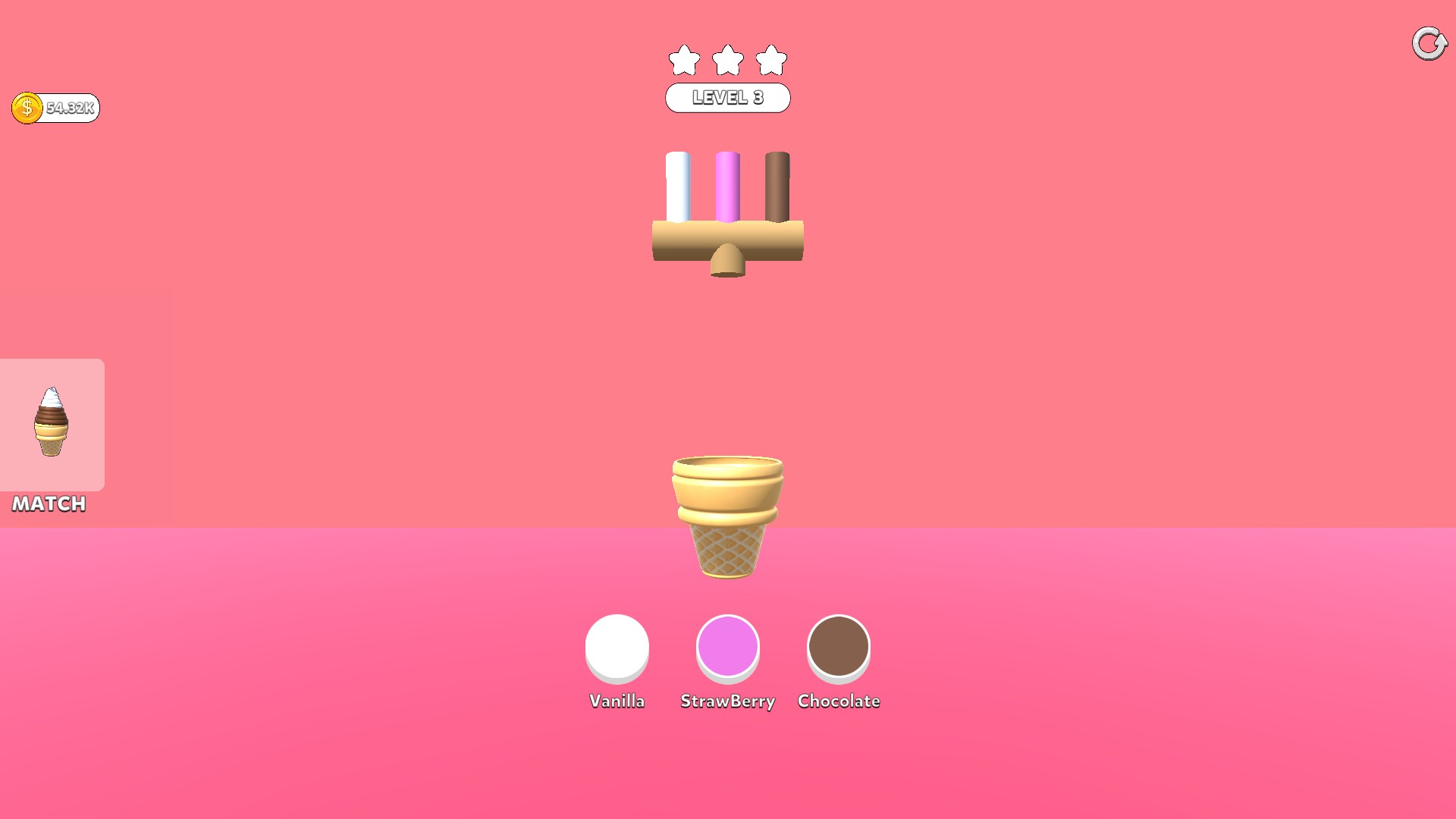 Ice Cream Inc money counter showing 54.32K.