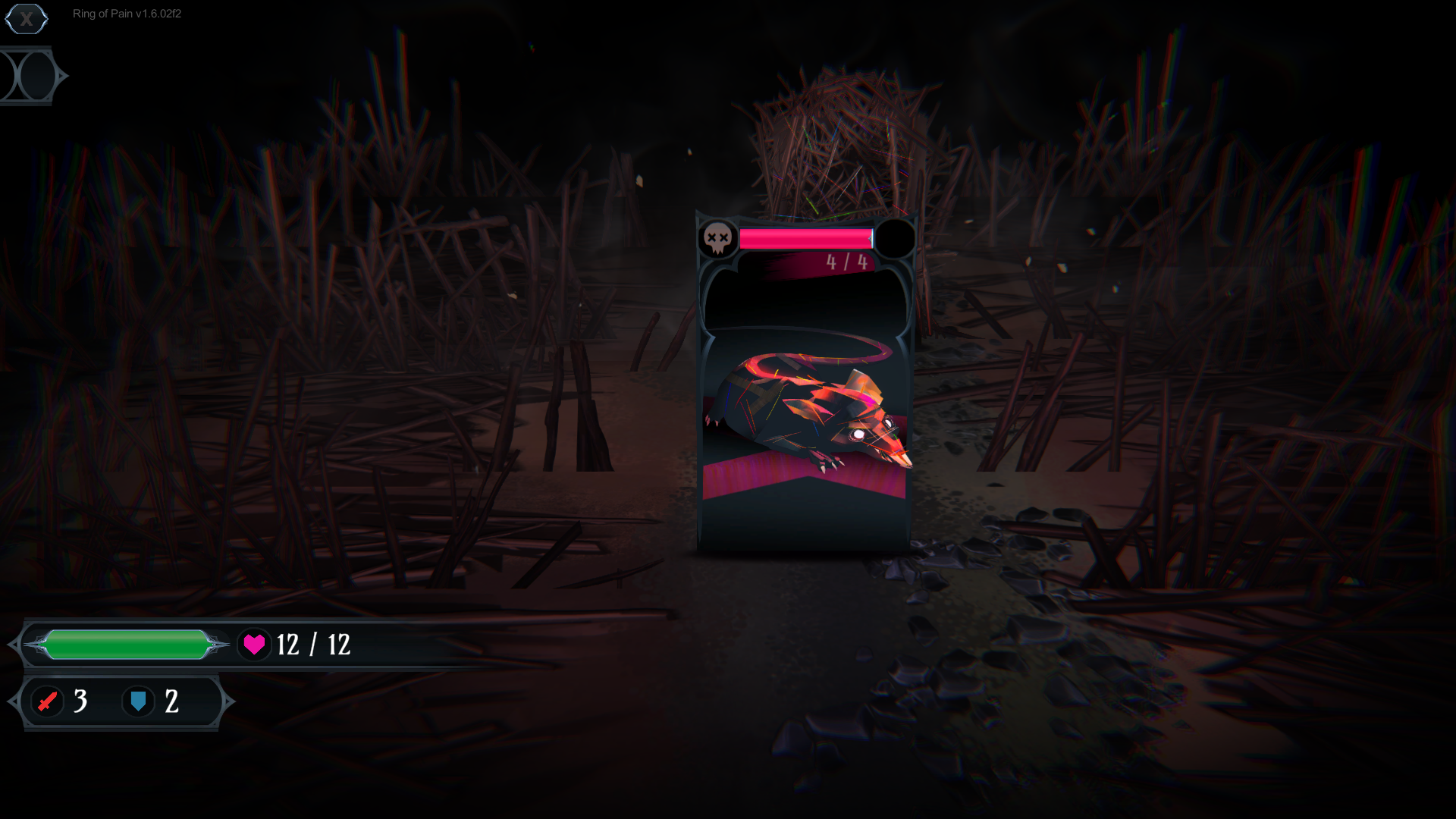 Ring of Pain encounter with a full green health bar reading 12/12, attack 3 and defence 2.