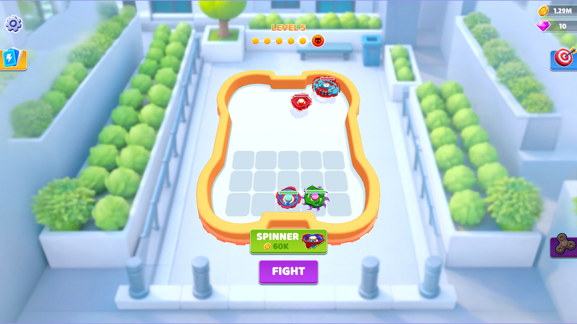 Level 5 preparation board after restarting, with the squad retained and the Fight button ready.