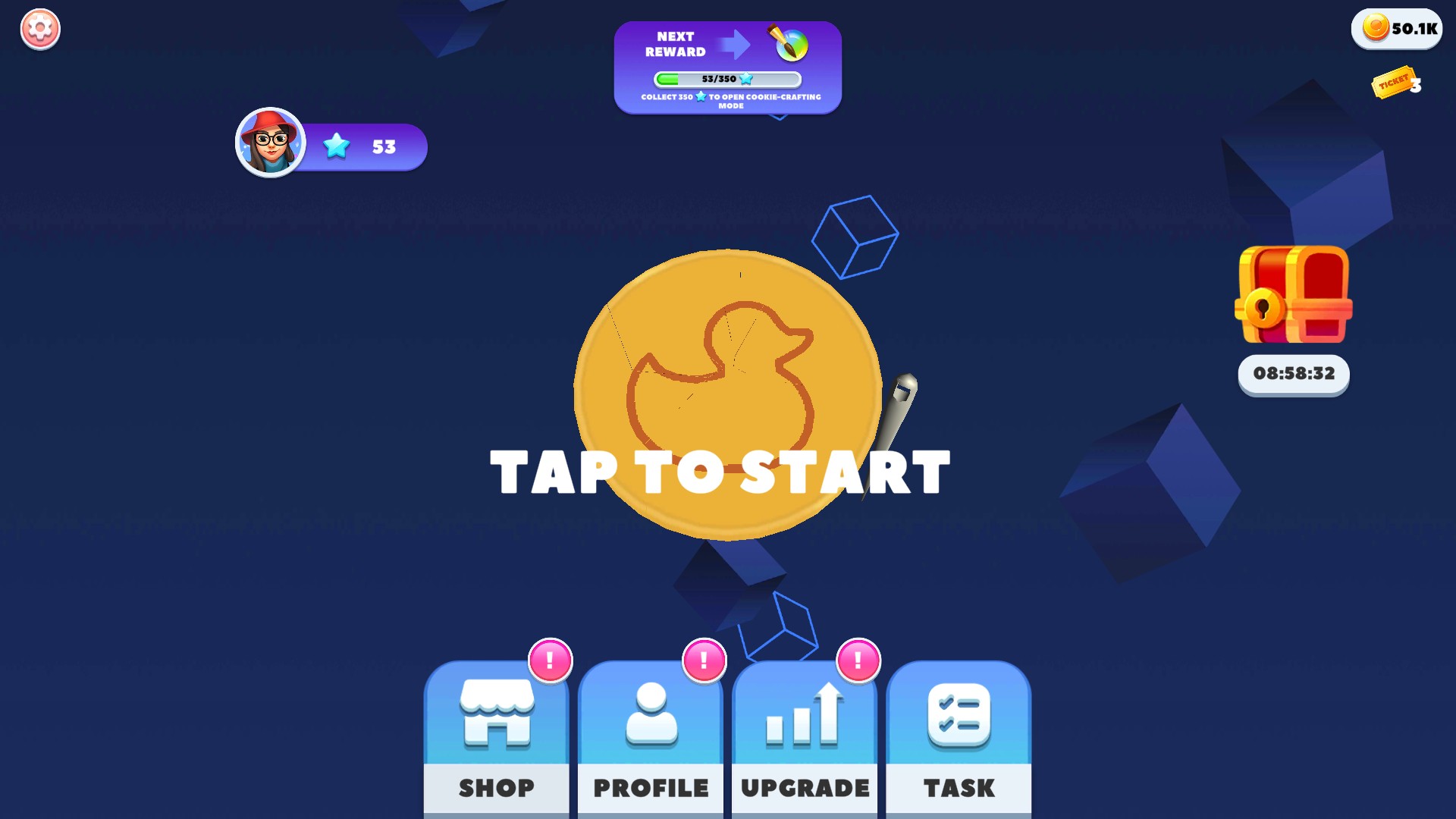 Cookie menu showing the next gift chest countdown at 08:58:32.