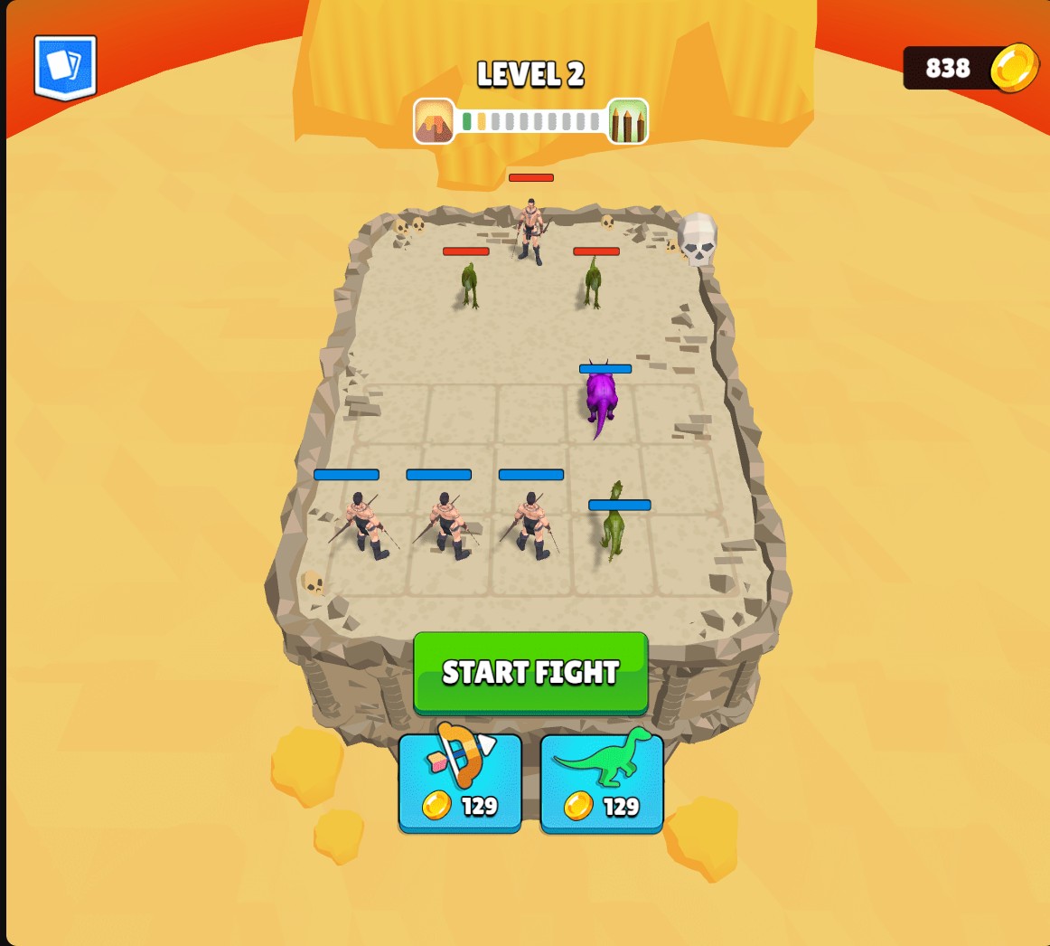 Merge Master Level2 roster with three archers, a green dinosaur, a purple dinosaur and838 gold; both recruit buttons show129.