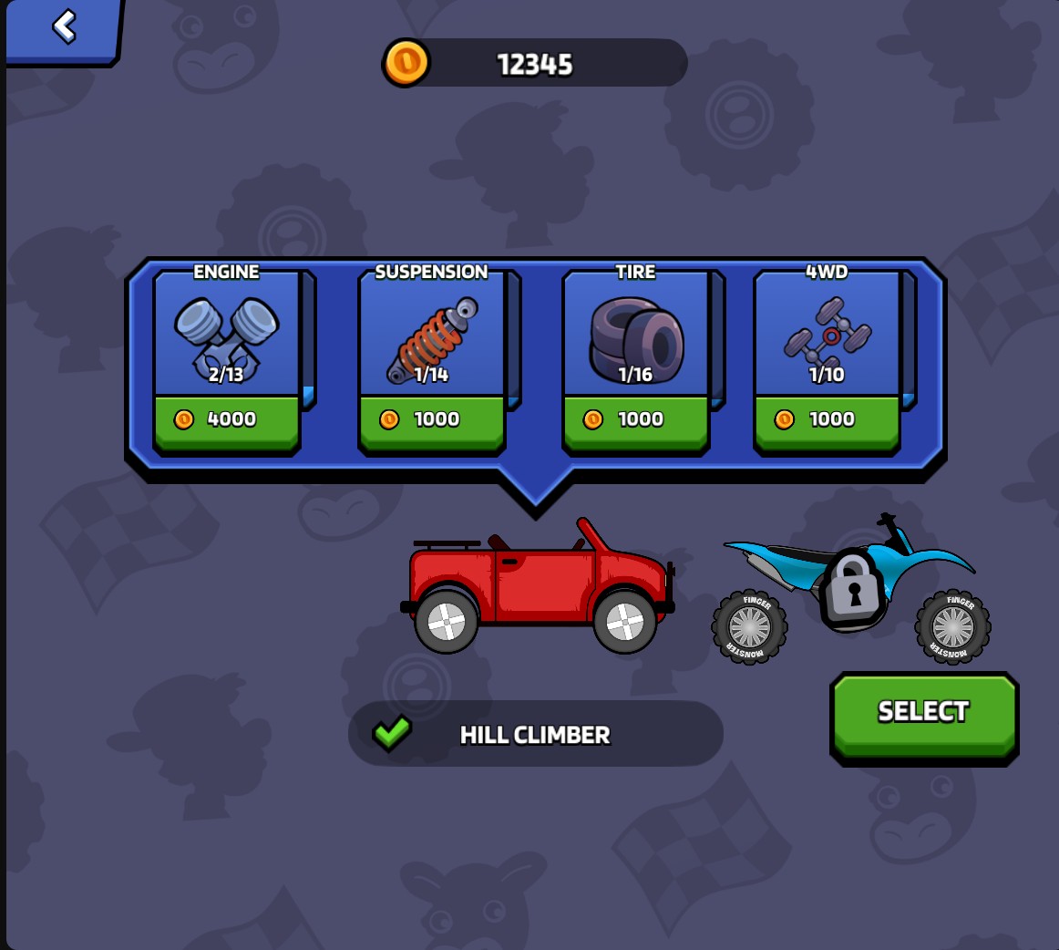 Hill Climber garage showing engine level 2 of 13, with suspension, tires and 4WD at level 1.