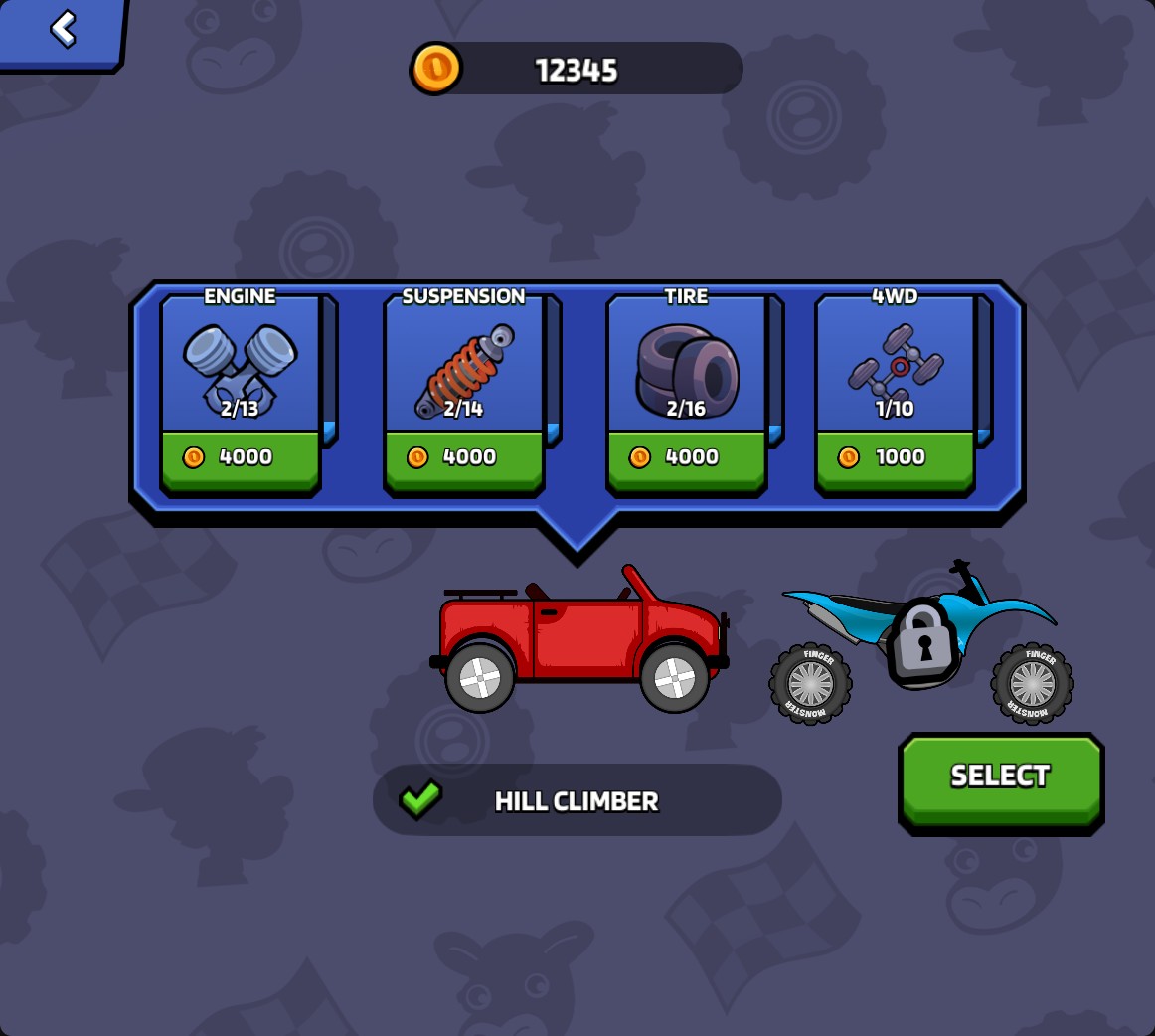 Hill Climber garage showing tire level 2 of 16 alongside engine, suspension and 4WD upgrades.
