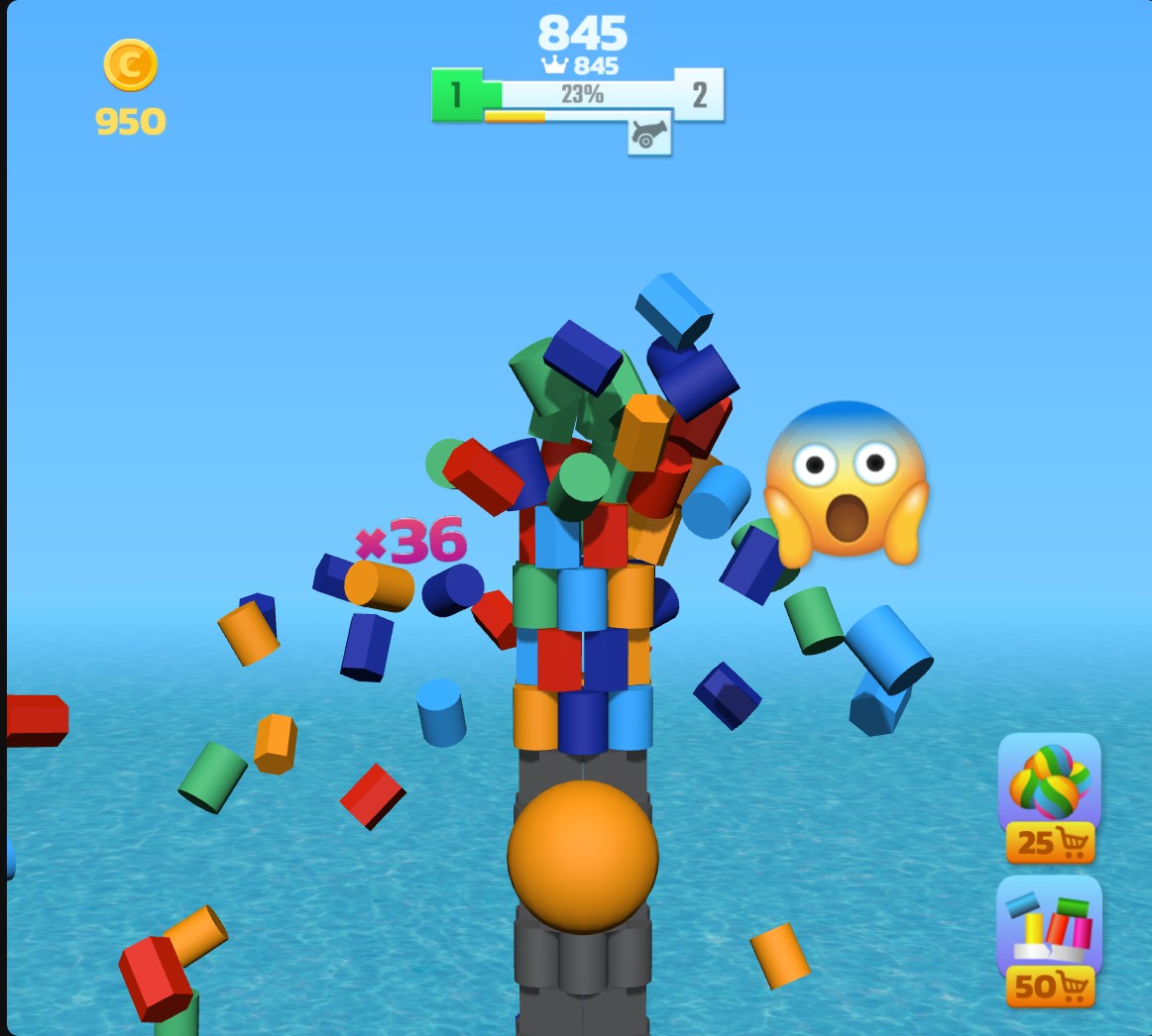 Tower Crash 3D blocks scattering after a purchased power-up, with 950 coins remaining and 23 percent progress.