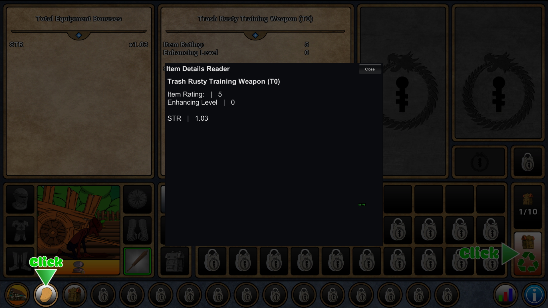 Item Details Reader showing a training weapon with item rating 5 and STR 1.03 in Farmer Against Potatoes Idle.
