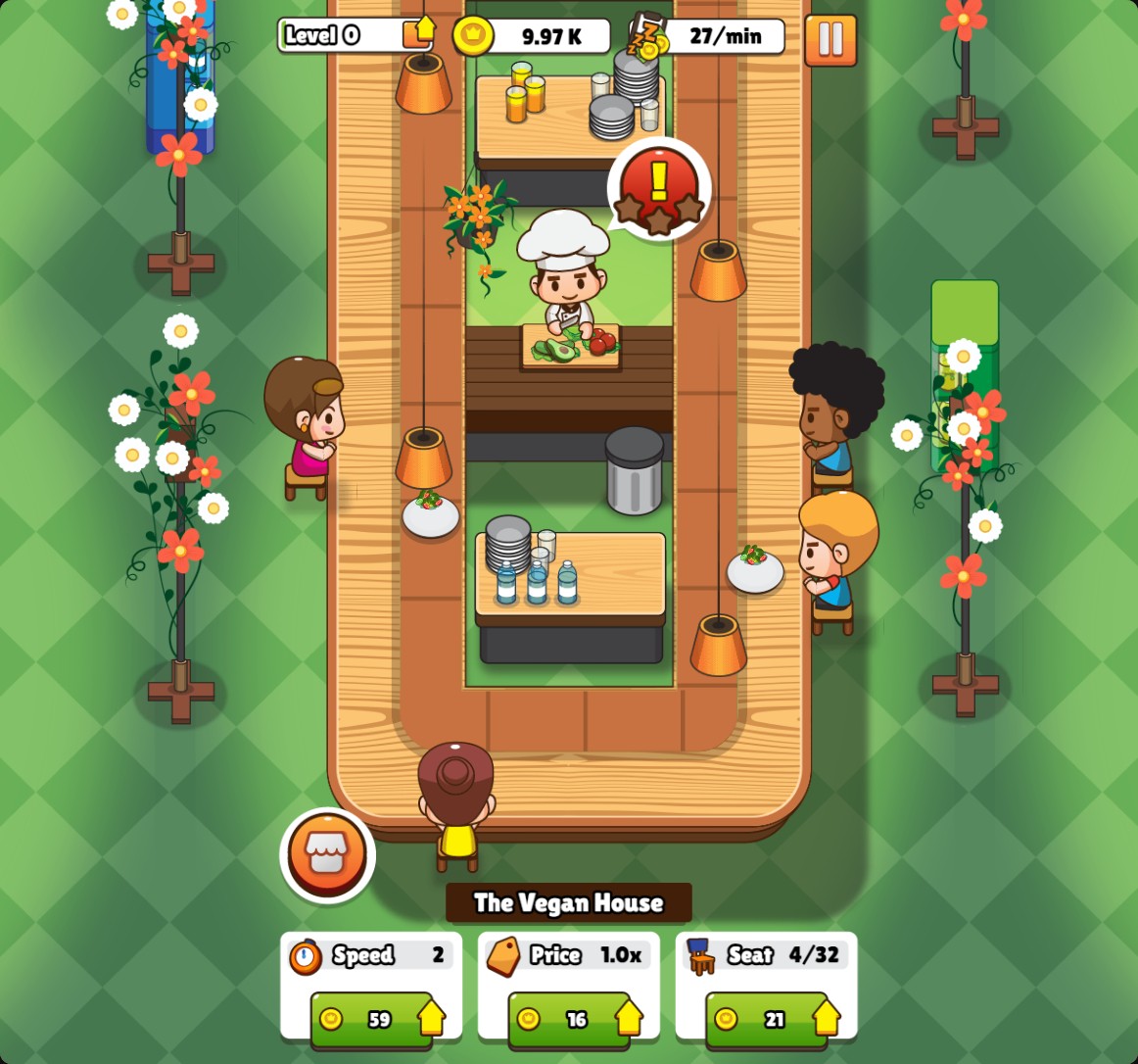 Idle Restaurants gameplay with 9.97K coins, Speed 2, 27 coins per minute and a 59 coin next speed upgrade.