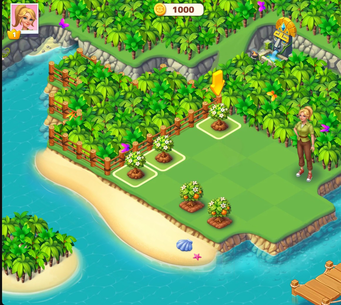 Tropical Merge's island, saplings and character with 1,000 coins shown in the top counter.