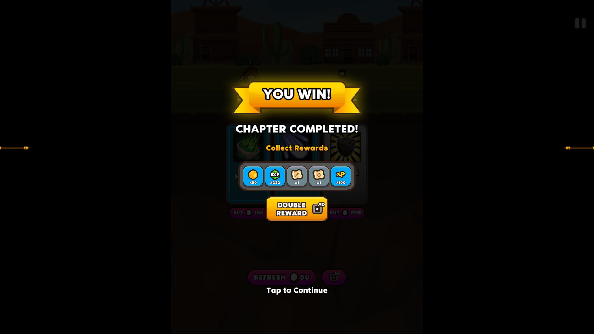 Cup Heroes chapter completion screen with a victory banner, chapter rewards and the Continue prompt.