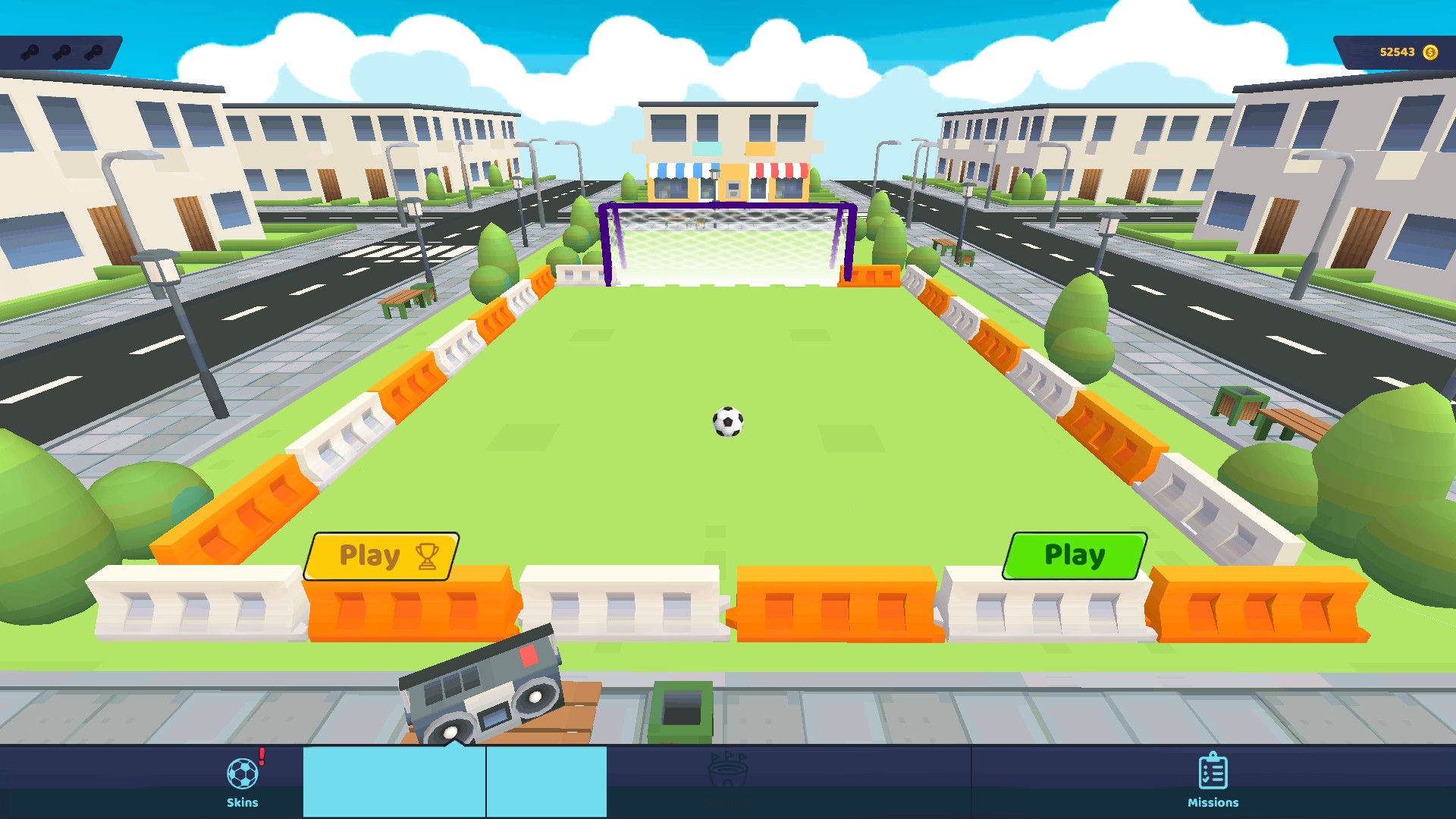 The Stadium menu shows a football pitch and a balance of 52,543 coins.