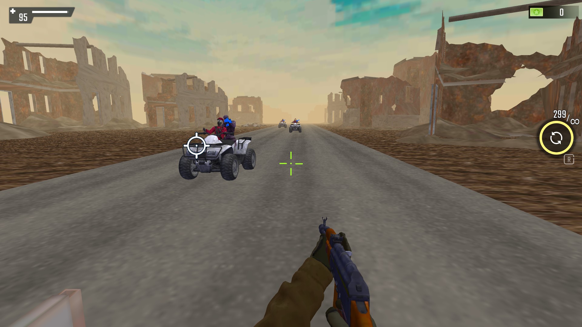 First-person rifle aimed toward ATV enemies on a ruined road, with 299 rounds shown in the magazine counter.