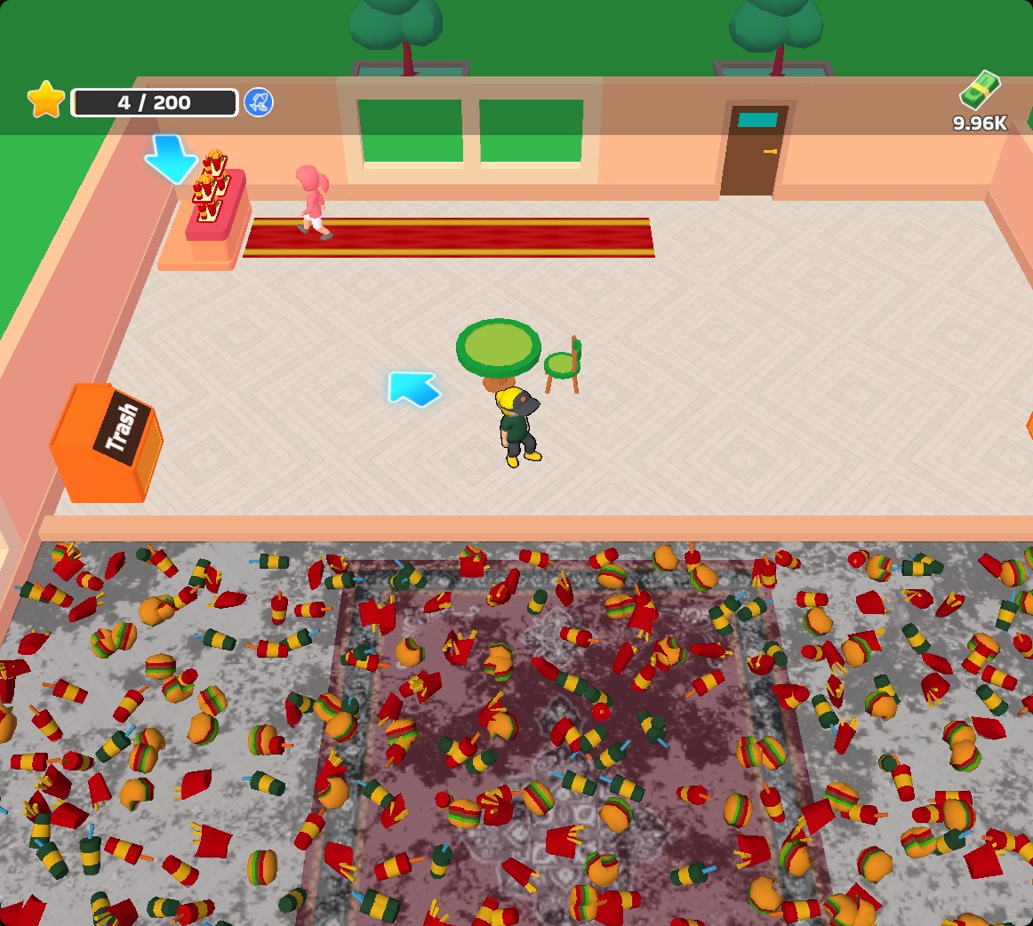 Clean It restaurant with a newly purchased green table and chair,4stars and9.96Kcoins.