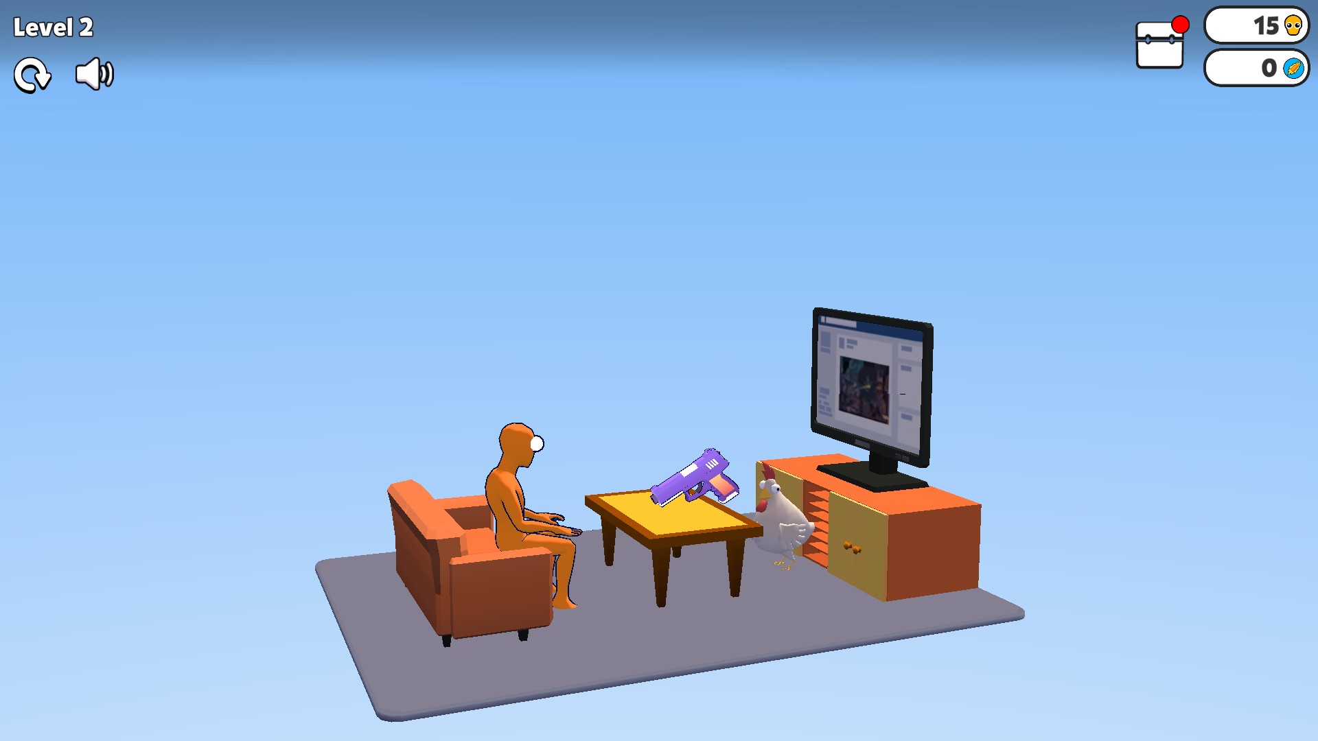 Level 2 with an orange ragdoll on a sofa, a purple pistol above a table, and a chicken beside a TV cabinet.