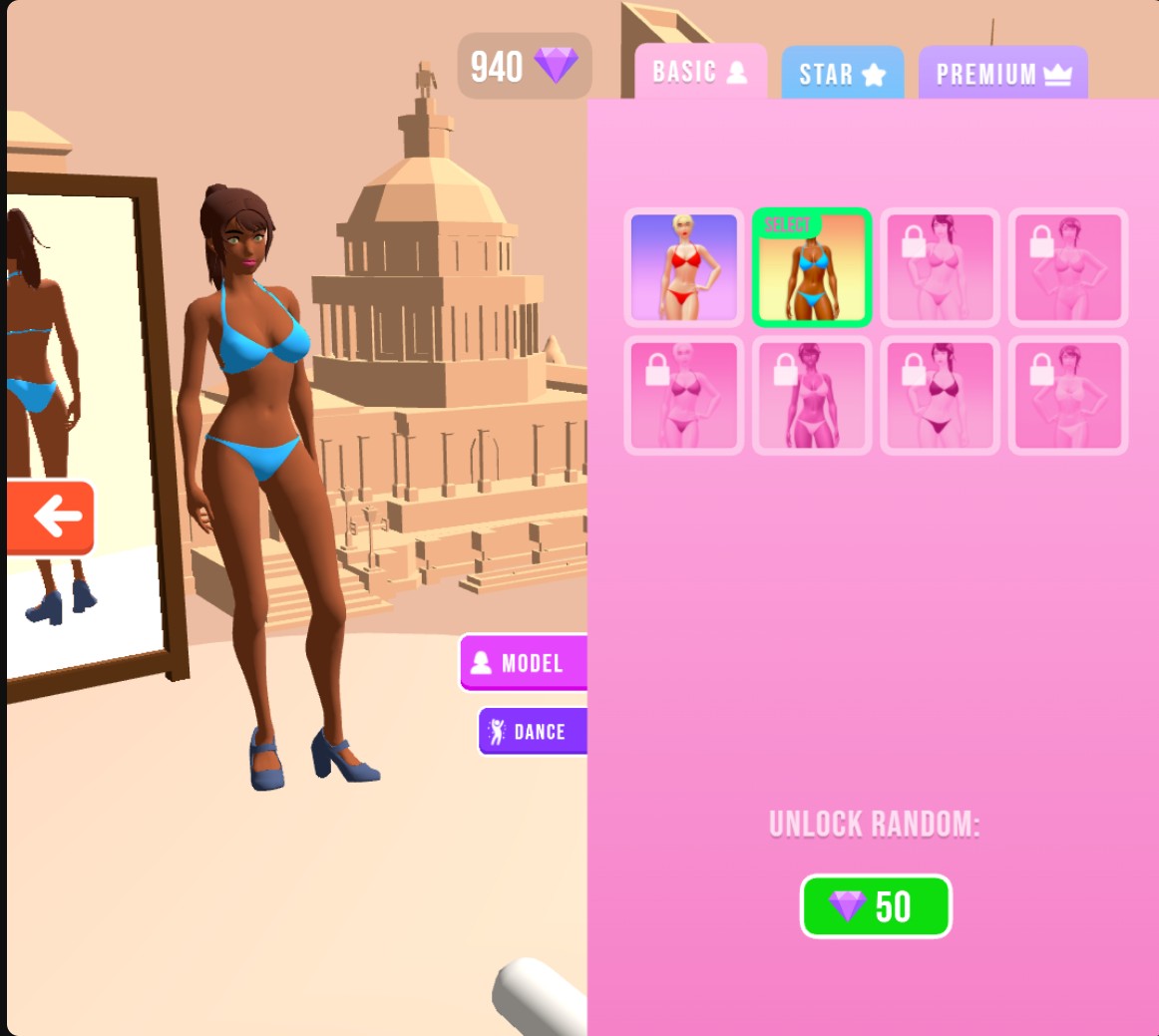 Fashion Queen model shop with 940 gems, the second Basic model selected and a 50 gem random unlock button.