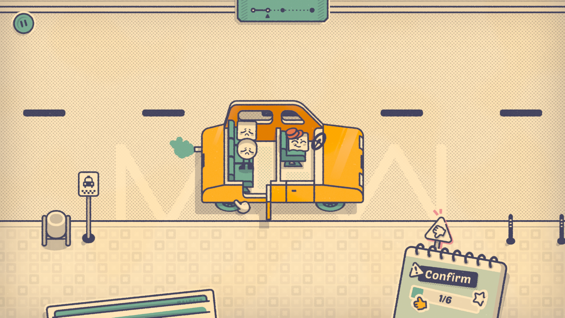 Two unhappy passengers seated inside the orange taxi, with the pavement queue empty and Confirm available.