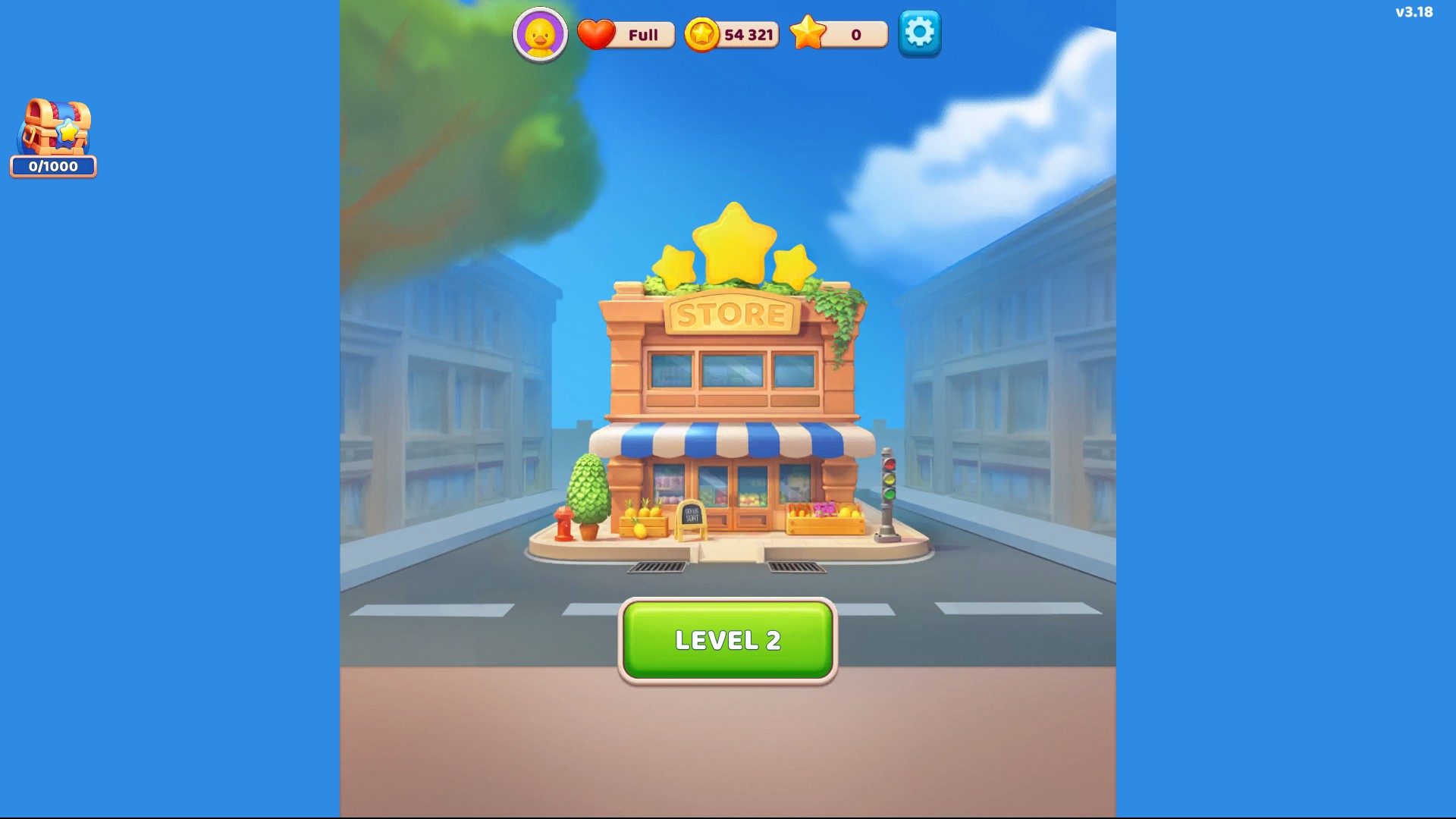 Goods Puzzle home screen with 54,321 gold and the Level 2 button.