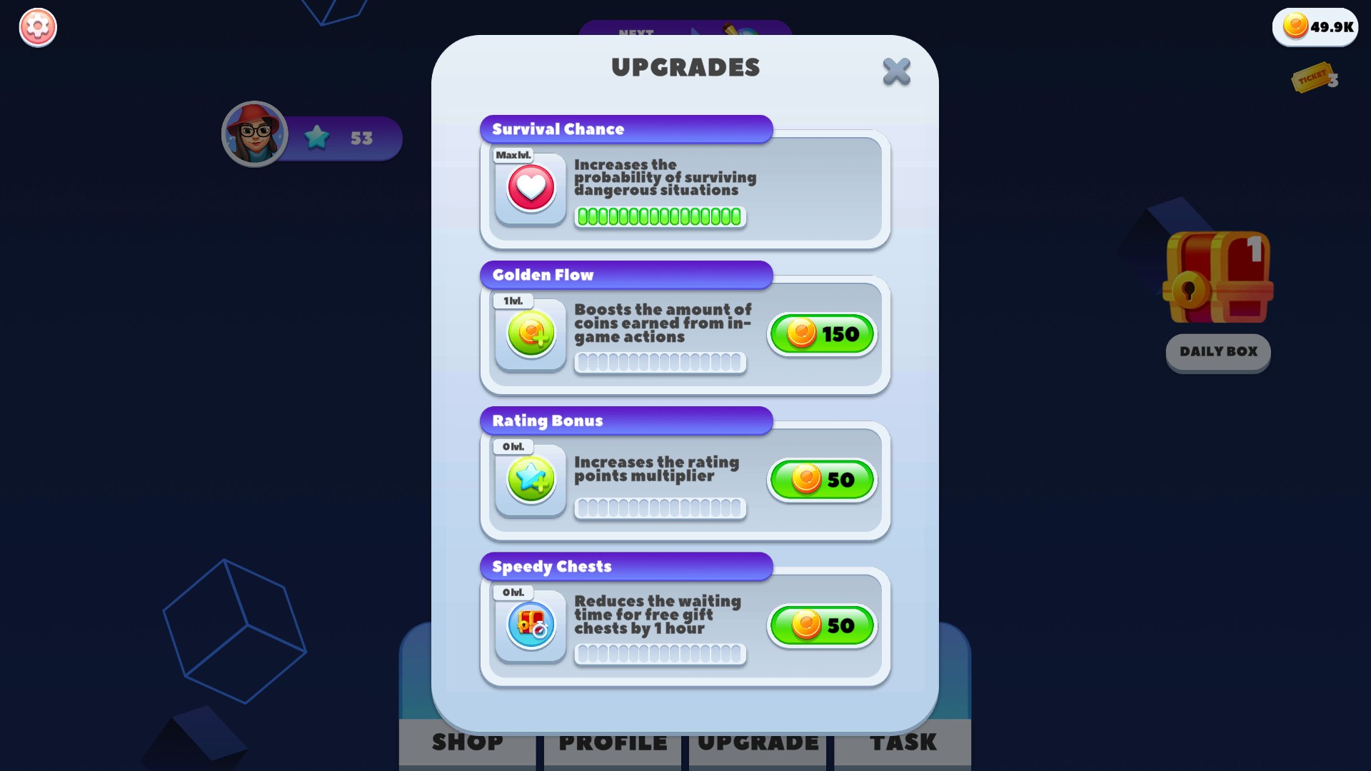 Upgrade menu with Survival Chance at Max level.