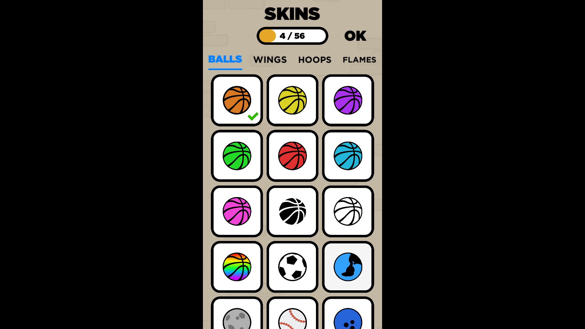 Flappy Dunk's Skins menu displays colourful basketball designs on white unlocked tiles.