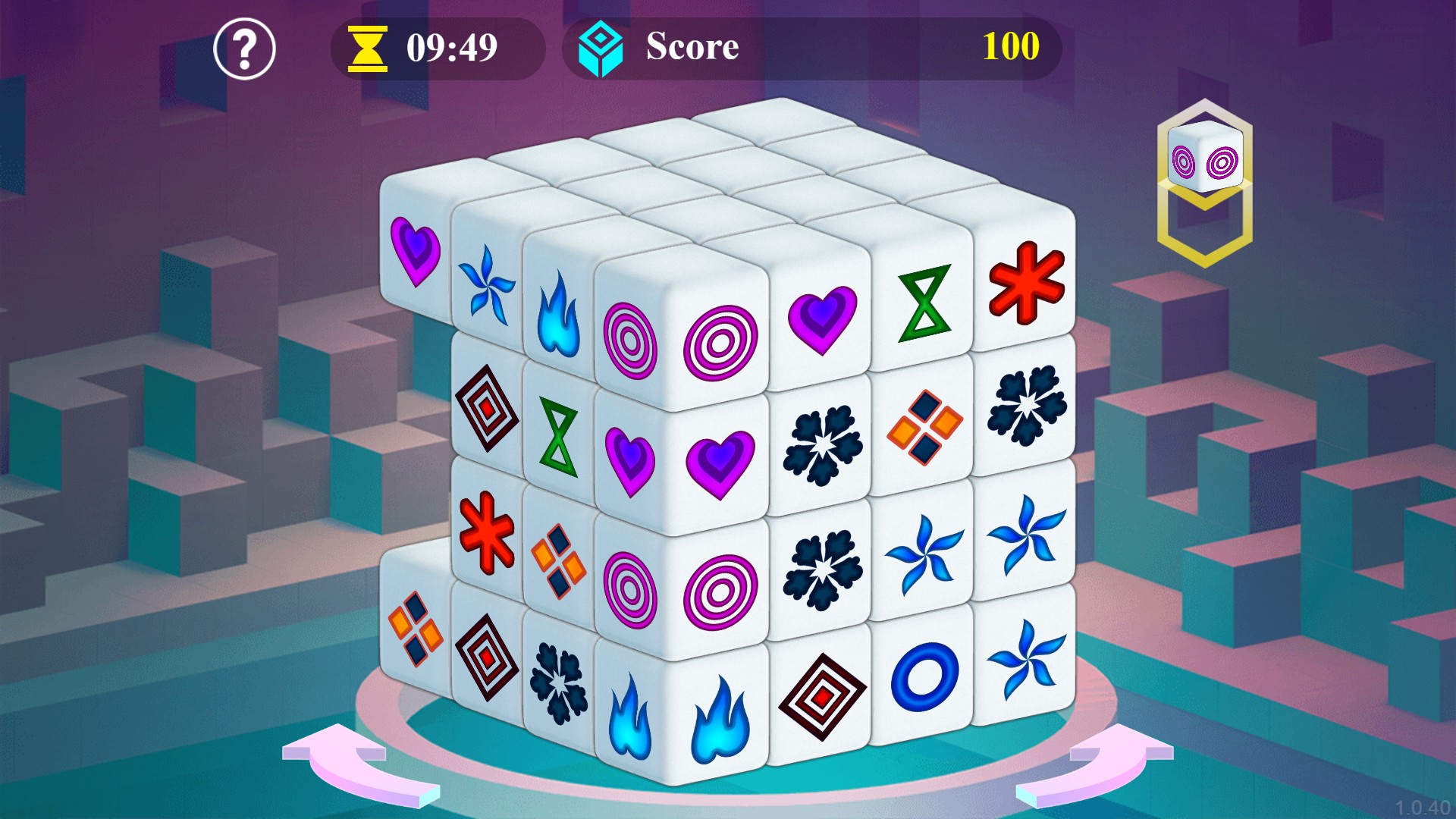 A continued Mahjongg Dimensions puzzle with 9:49 remaining and a score of 100.