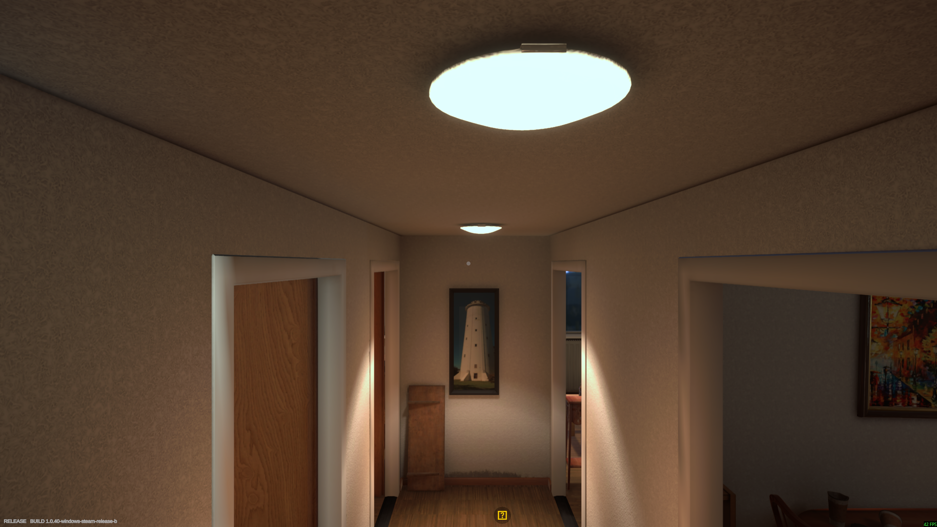 Elevated first-person view along an apartment hallway, looking past the tops of door frames with ceiling lights overhead.