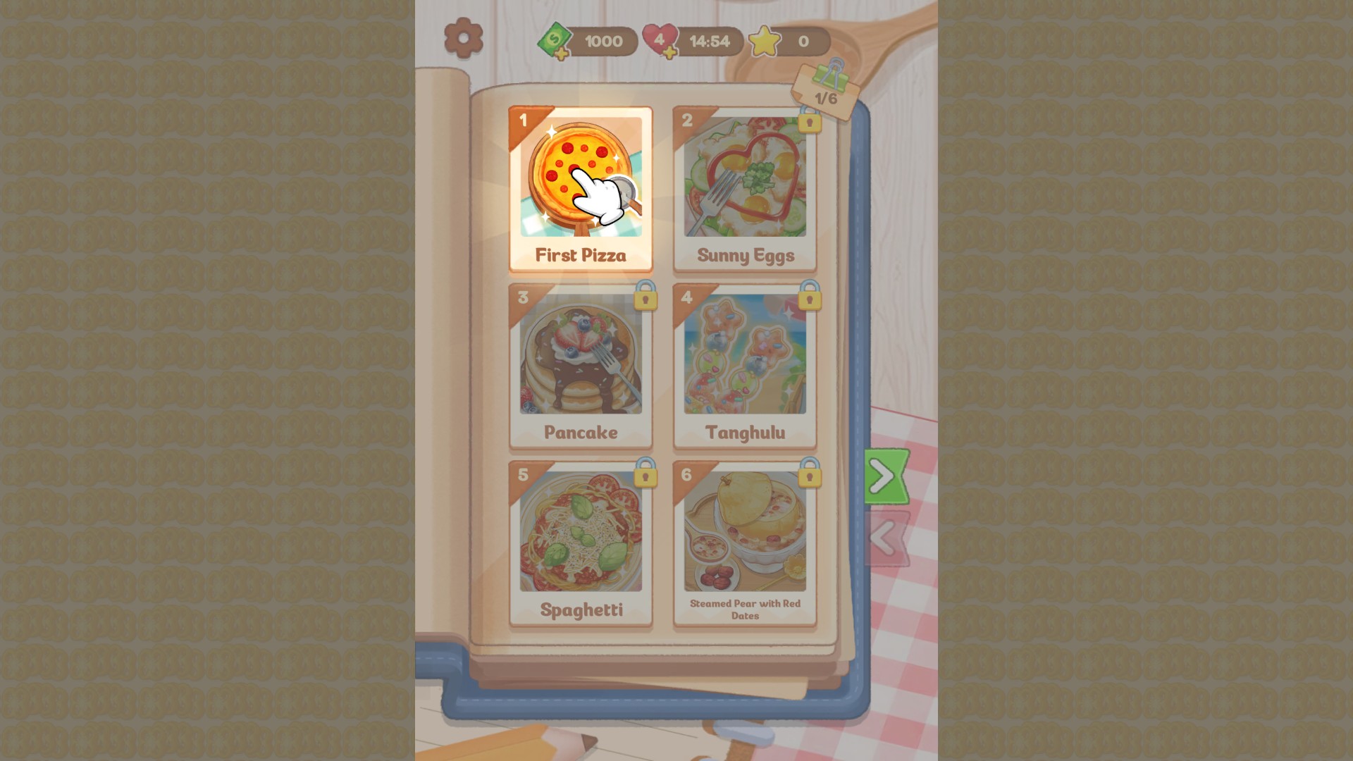 Cooking Jam recipe book showing four hearts remaining, First Pizza selected and the other recipes still locked.