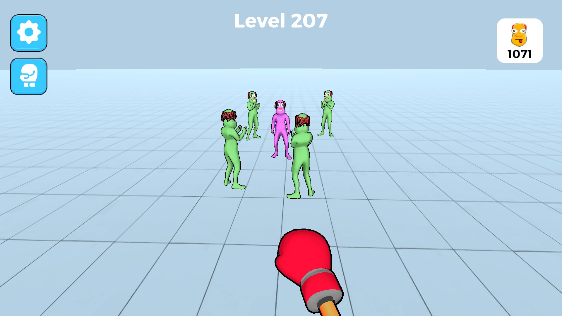 Five puppets standing in a circle ahead of the boxing glove, with the level label and punch counter visible.