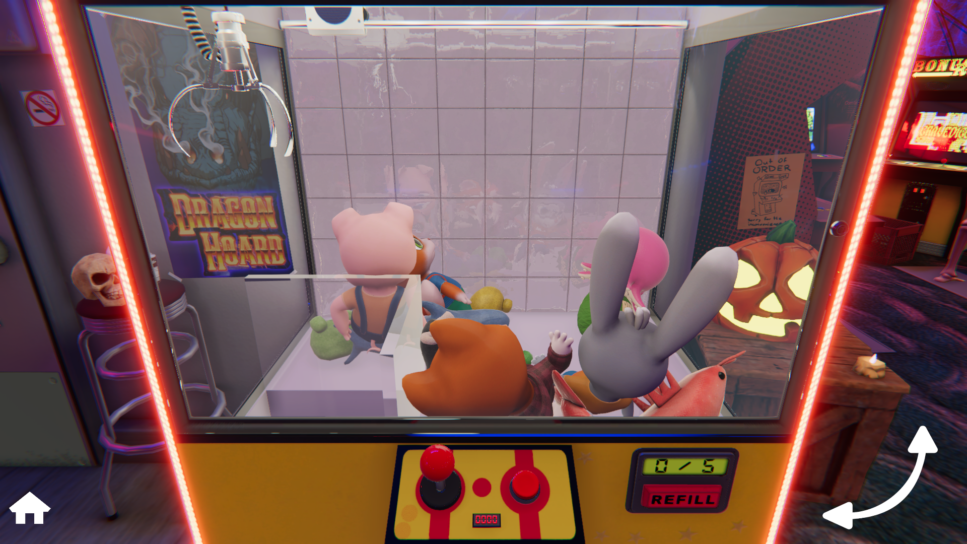 Front view of the claw and toy prizes in Claw Machine Sim.