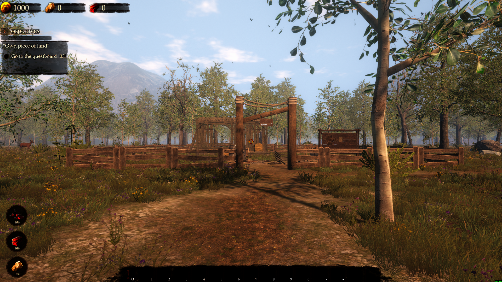 Castle Flipper gameplay with the tutorial panel and blur removed, showing the plot entrance and questboard objective.