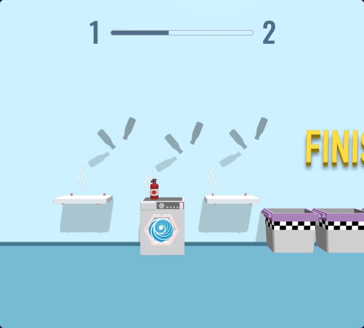 Red pump bottle on the washing-machine platform in level 1, with the level progress bar above.