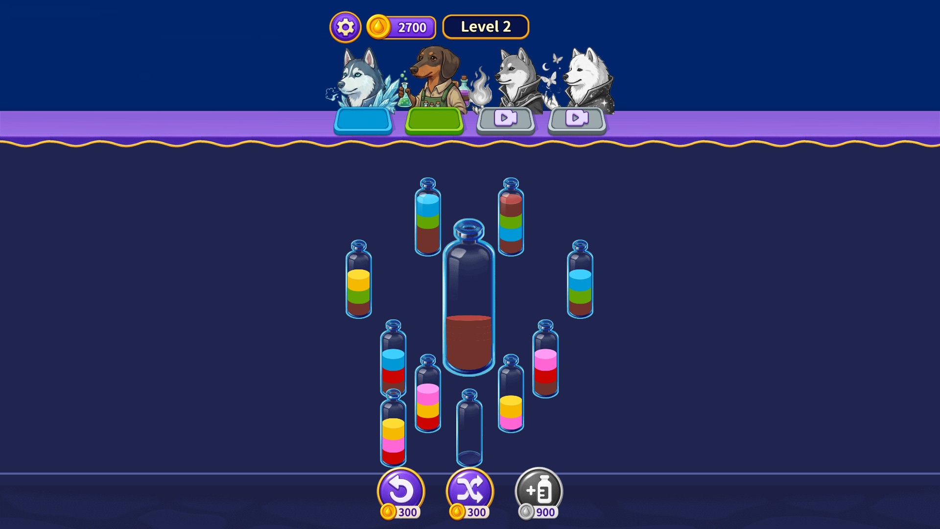 Wizard Puppy Level2 after a paid bottle shuffle, with2700coins remaining and the selected bottle's layers rearranged.