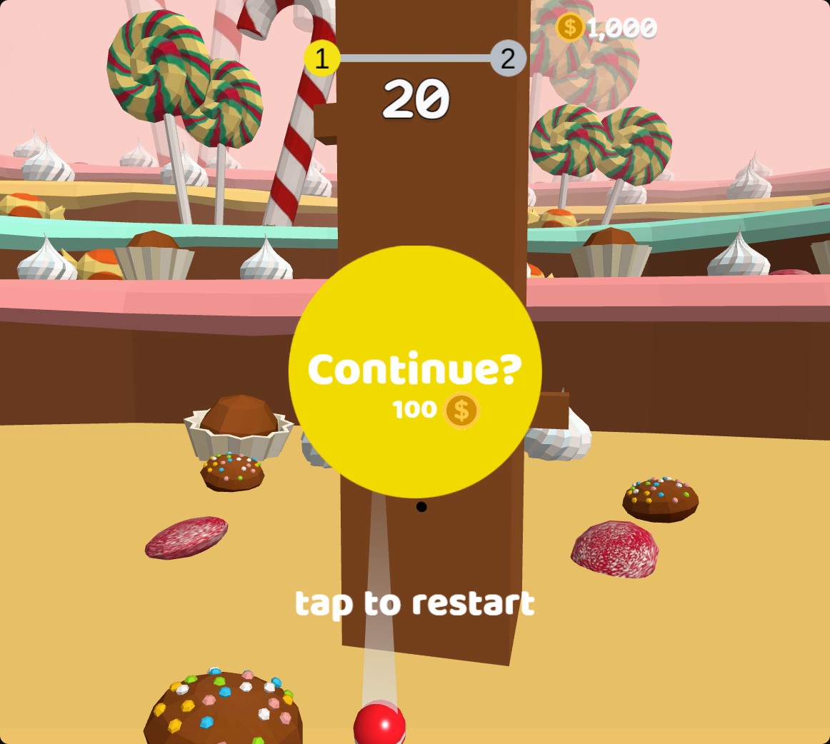 Pokey Ball's 100-coin Continue button after a fall, with 1,000 coins available.