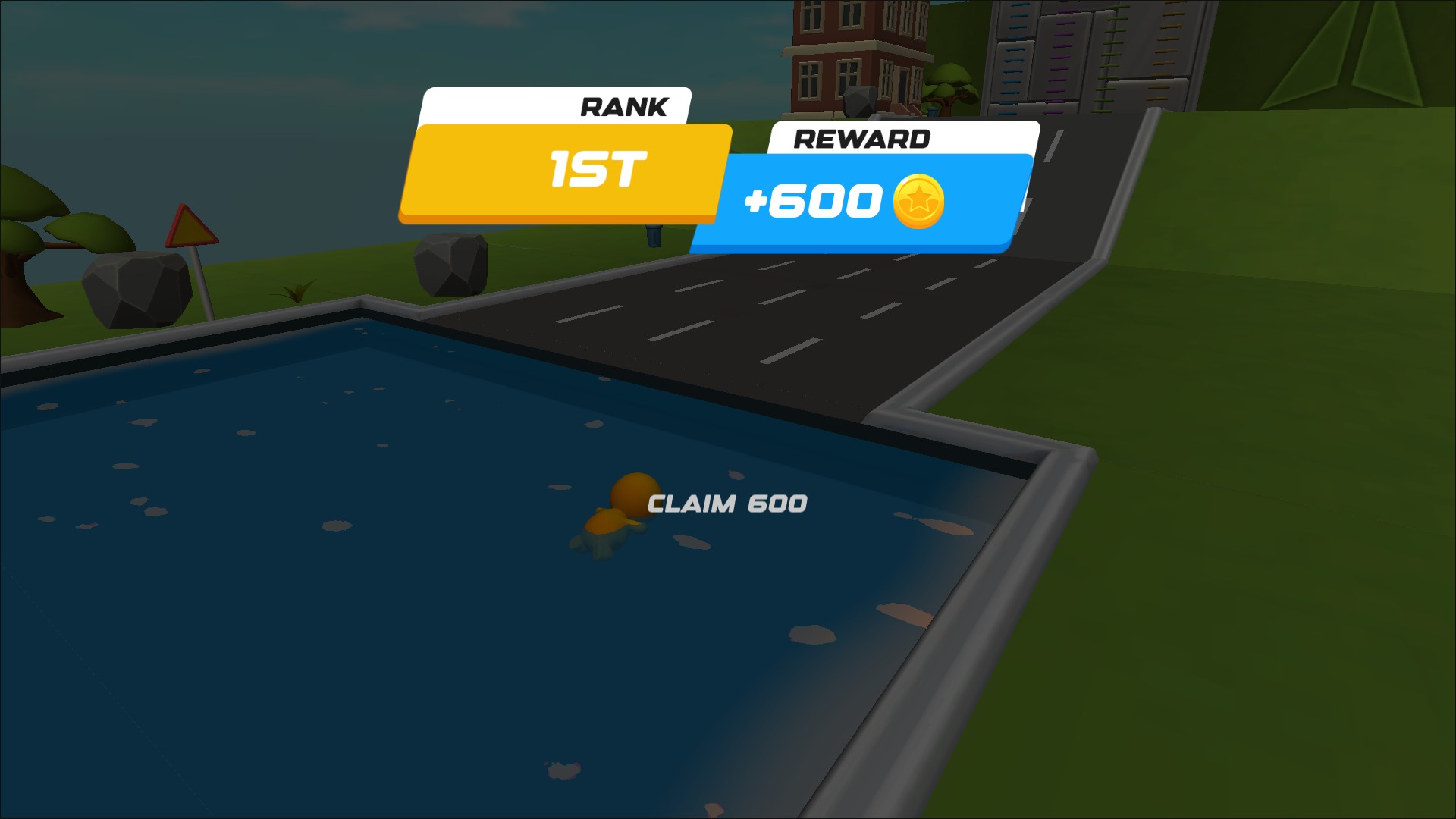Shape Transforming race result showing first place and an offered 600-coin reward after Finish Race.