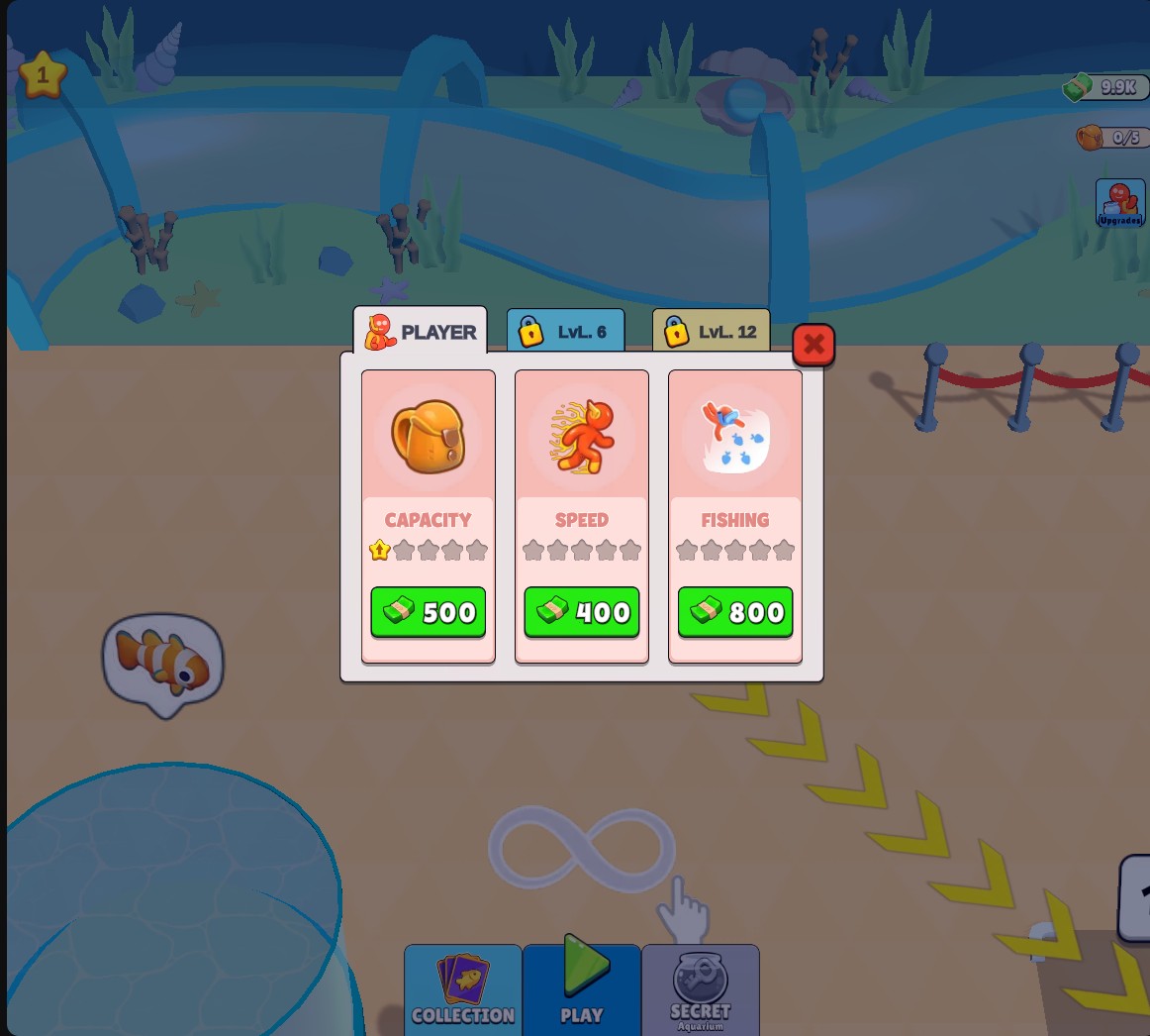 Capacity upgrade with one star, a 500-cash next price, 9.9K cash remaining and a five-slot bag.