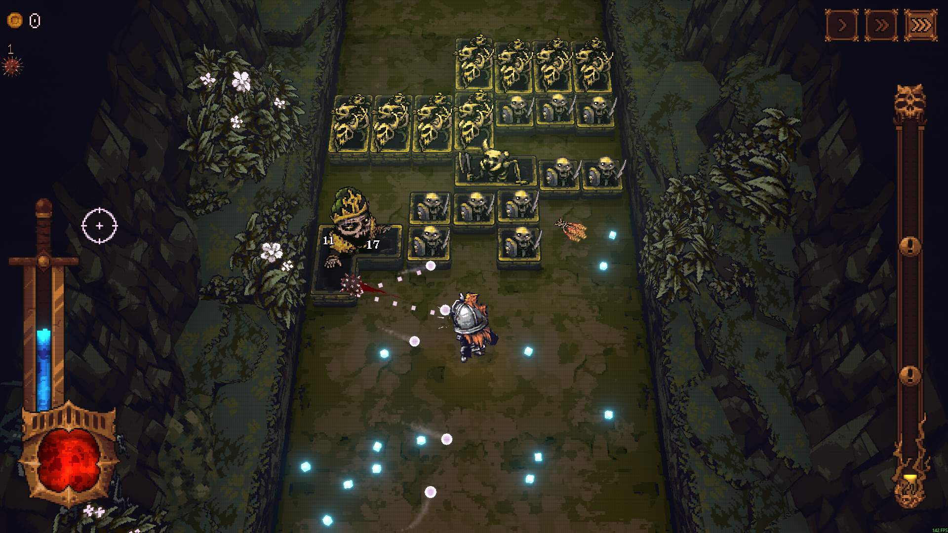 BALL x PIT Demo combat with a full red health orb while enemies and projectiles fill the lane.