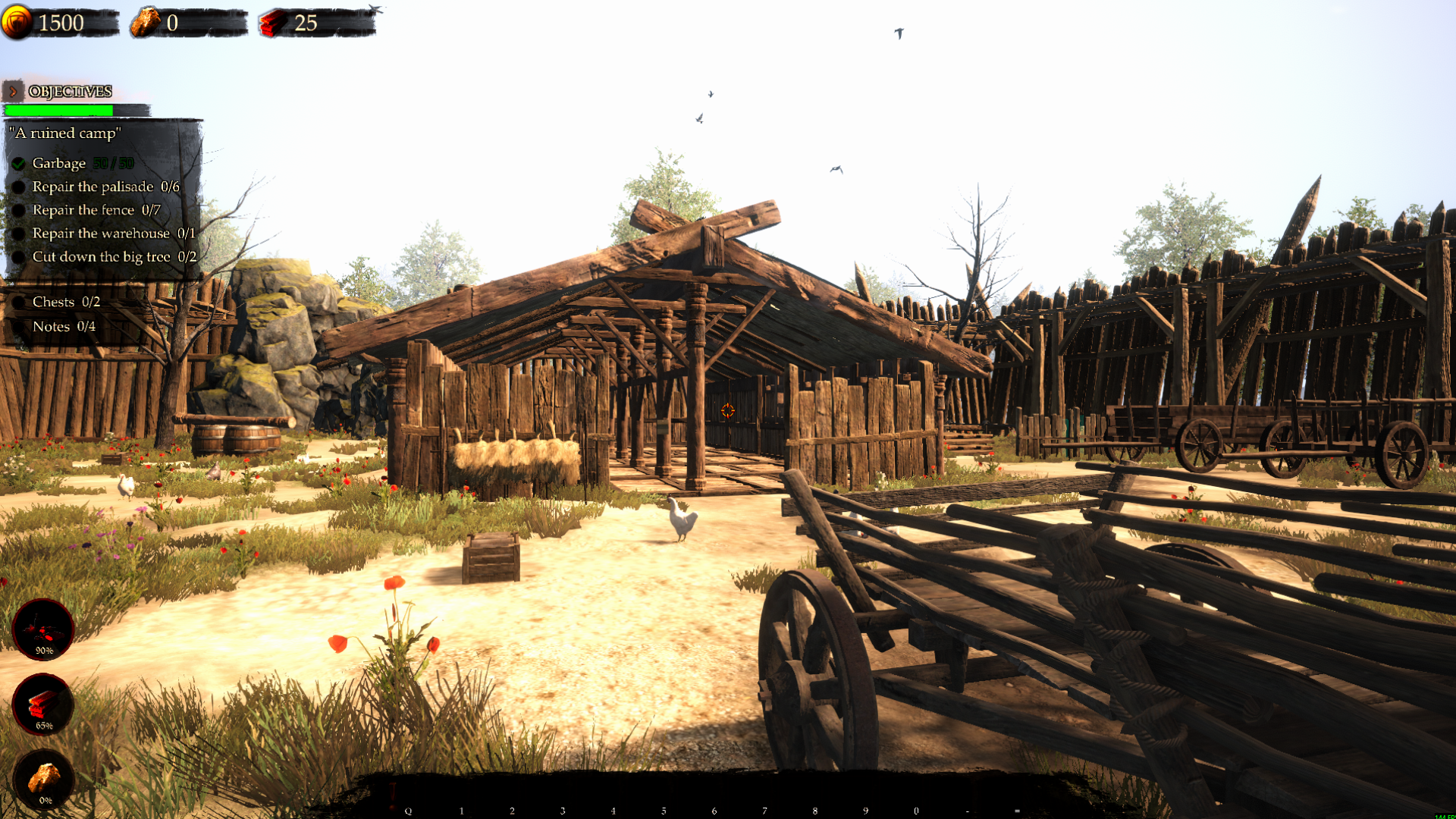 Castle Flipper's A ruined camp with the Garbage objective completed at 50/50 and loose rubbish removed from around the damaged warehouse.
