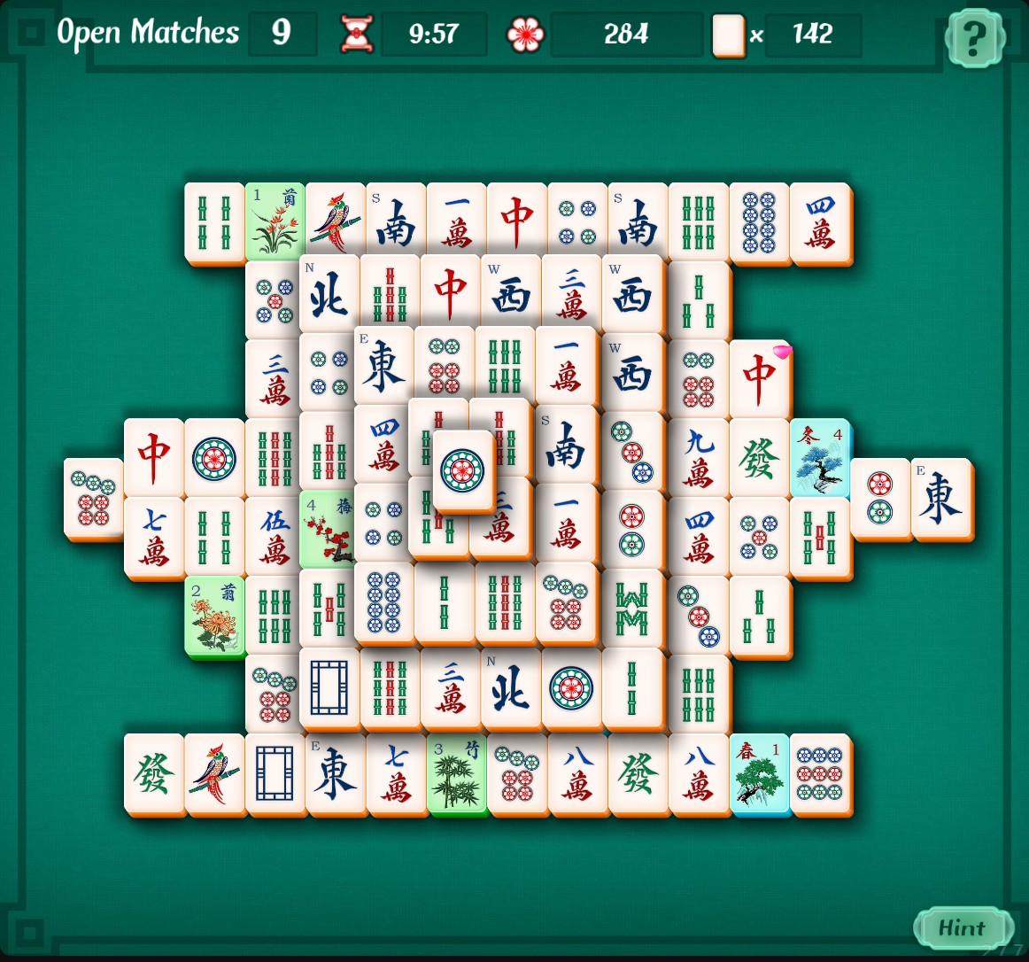 Mahjongg Solitaire board with 9 minutes 57 seconds remaining and 142 tiles.