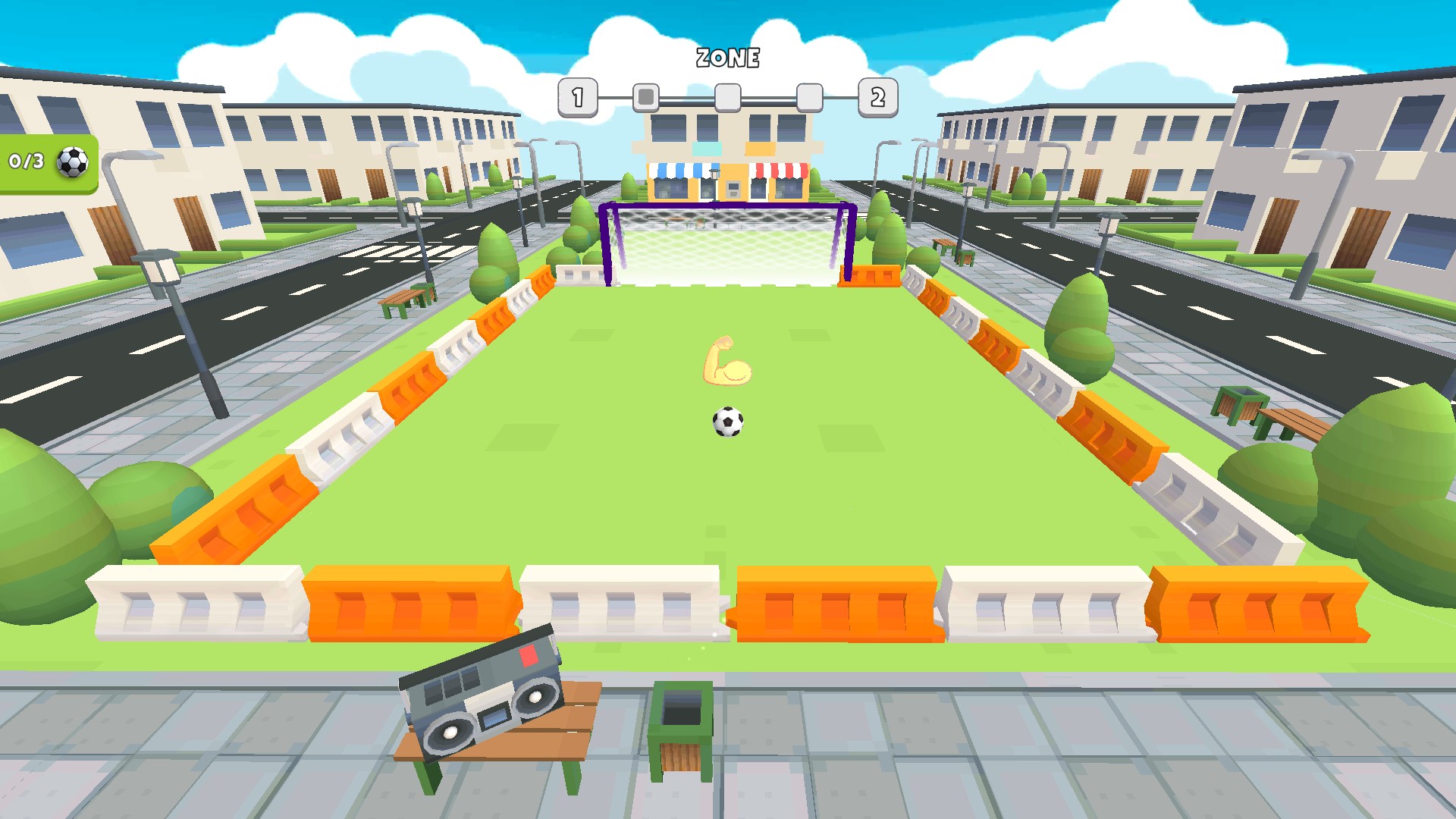 A flexed-arm icon floats above the football on the pitch in Crazy Kick!.