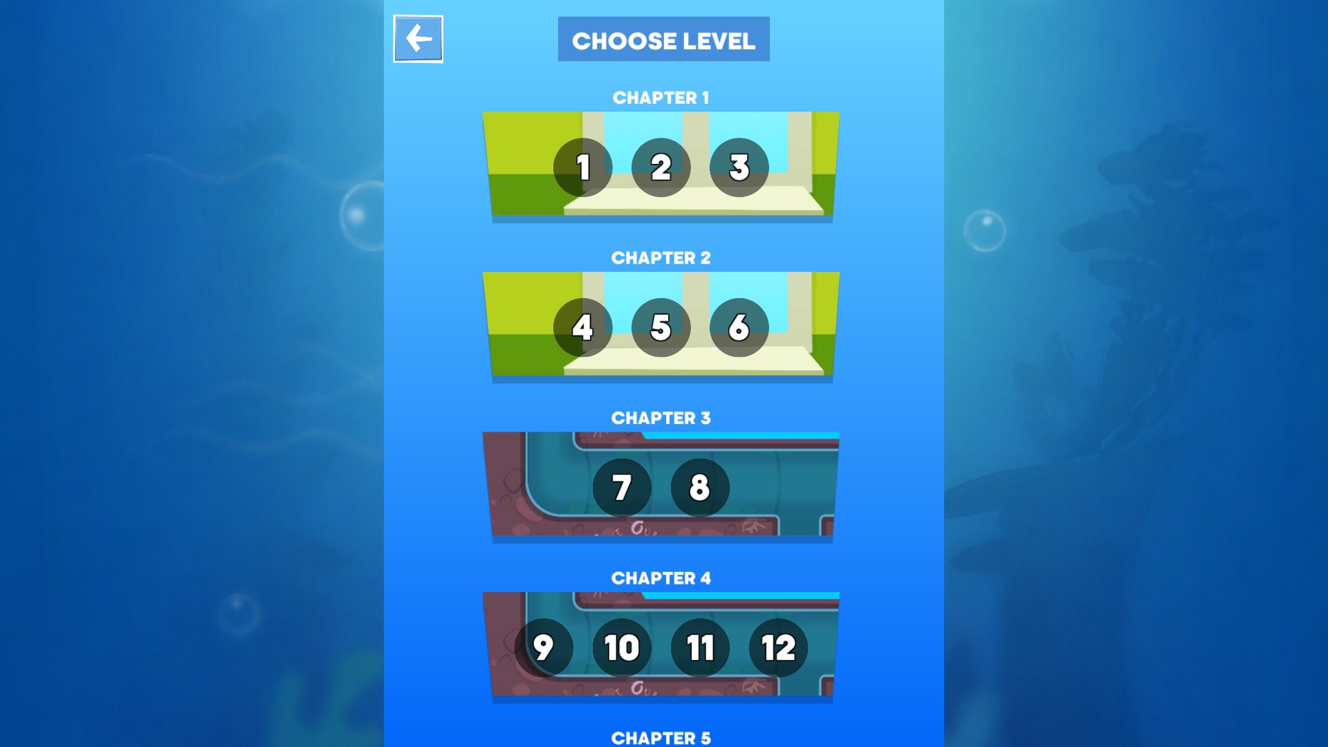 Fish Story: Save the Nemo level menu with numbered choices across Chapters 1 to 4.