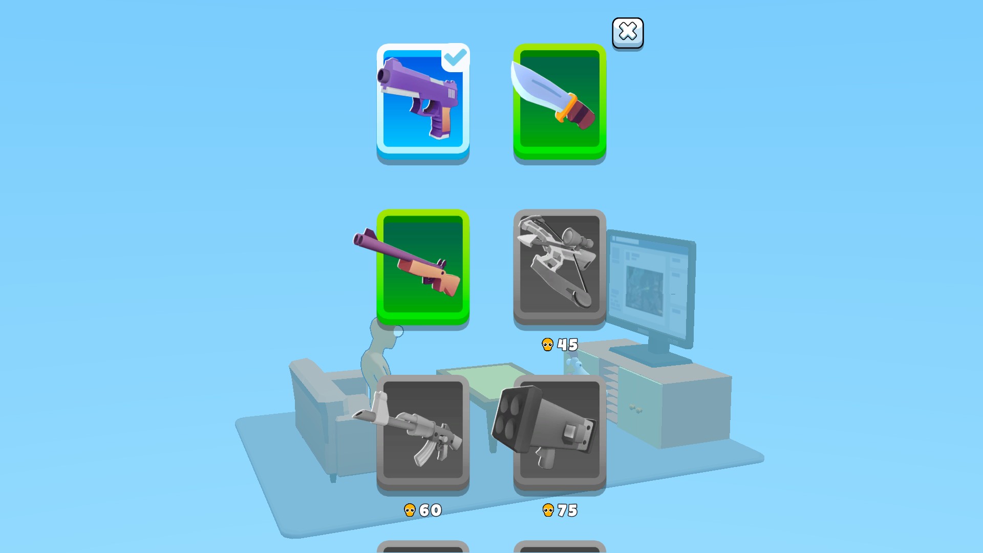 Weapon shop with the pistol selected, knife and shotgun highlighted green, and higher weapons still grey.