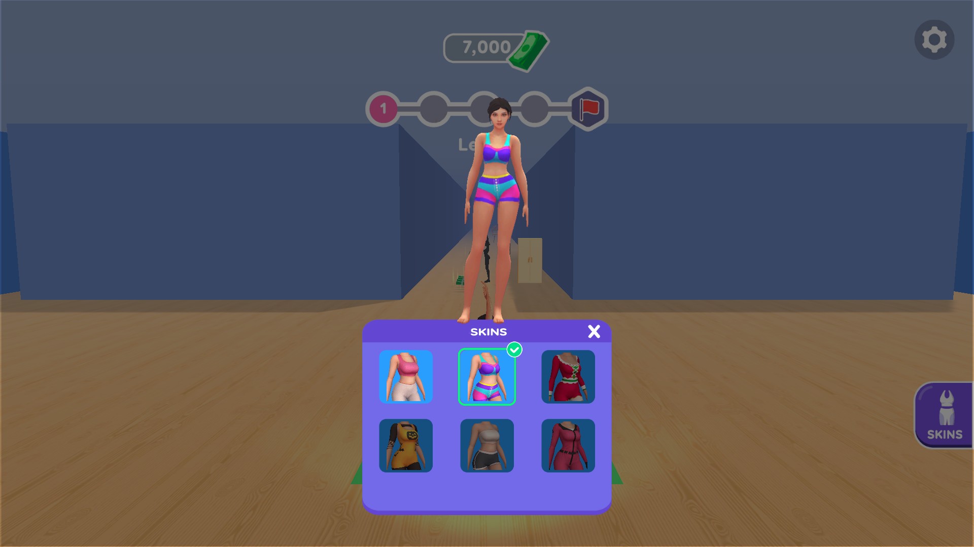 Yoga Master skin shop with a newly unlocked colourful outfit selected and 7,000 cash remaining.